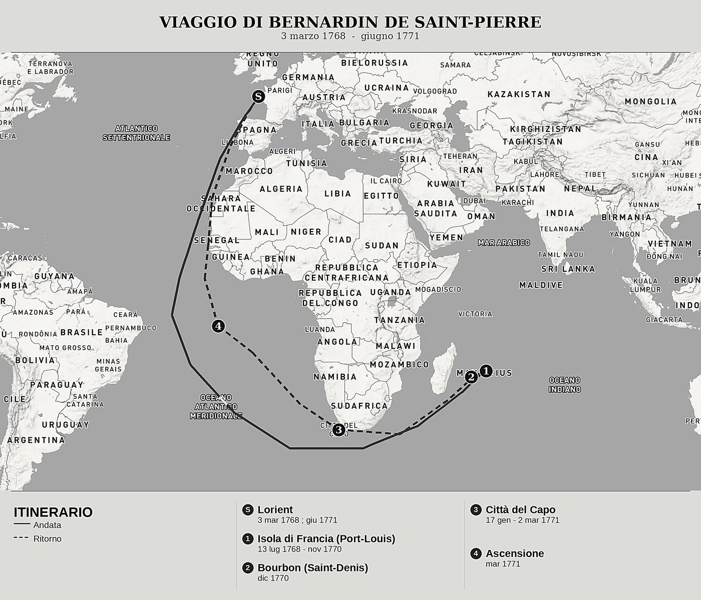 Mappa d'insieme di Viaggio all'Isola di Francia di Jacques-Henri Bernardin de Saint-Pierre, nord in alto: 3 marzo 1768  -  giugno 1771.