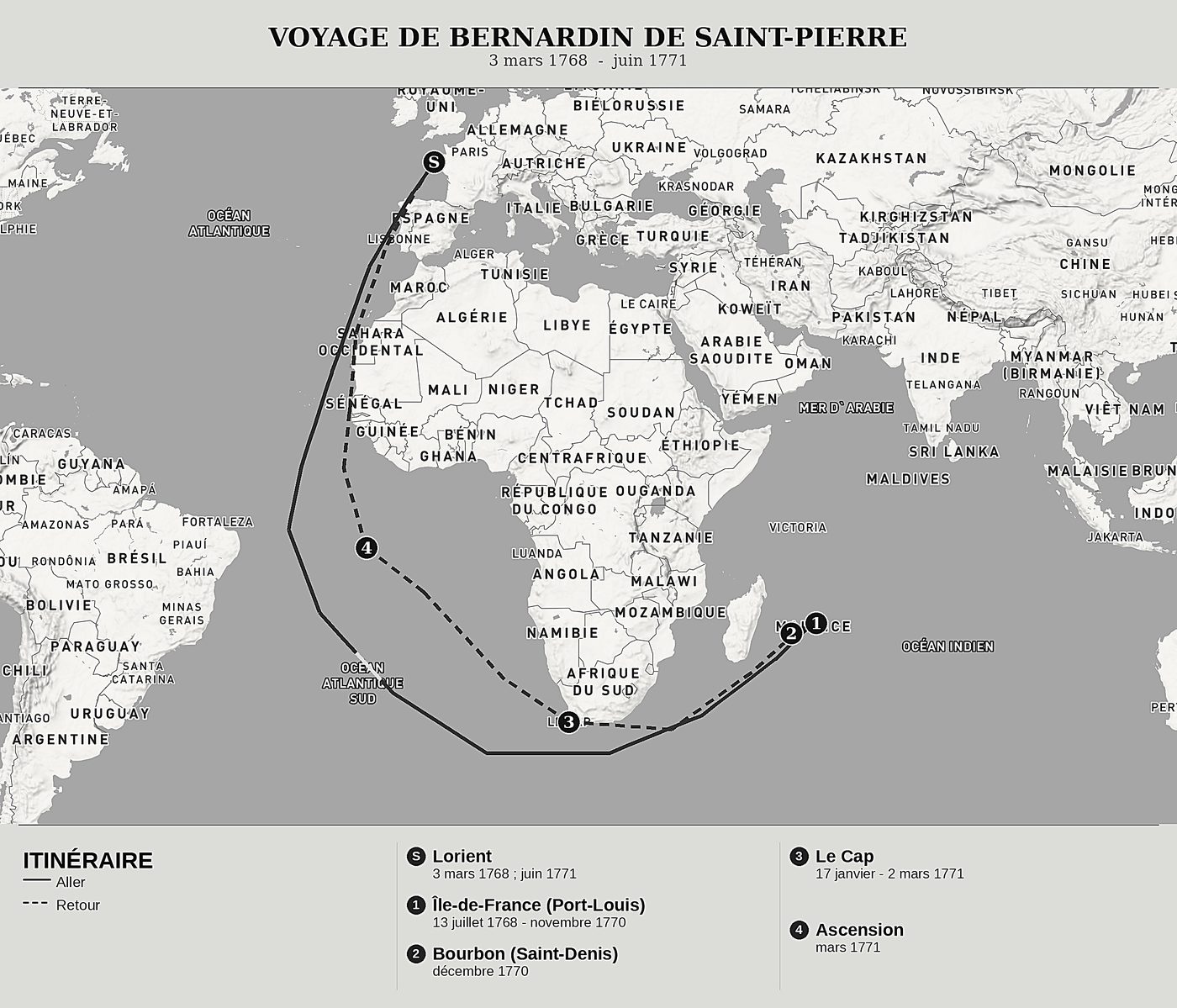 Carte d'ensemble de Voyage à l'Île de France de Jacques-Henri Bernardin de Saint-Pierre, nord en haut : 3 mars 1768  -  juin 1771.