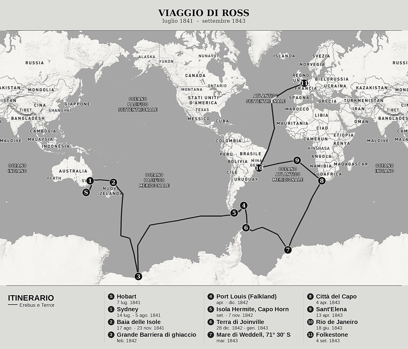 Mappa d'insieme di Viaggio di scoperta e di ricerca nelle regioni australi e antartiche di James Clark Ross, nord in alto: luglio 1841  -  settembre 1843.