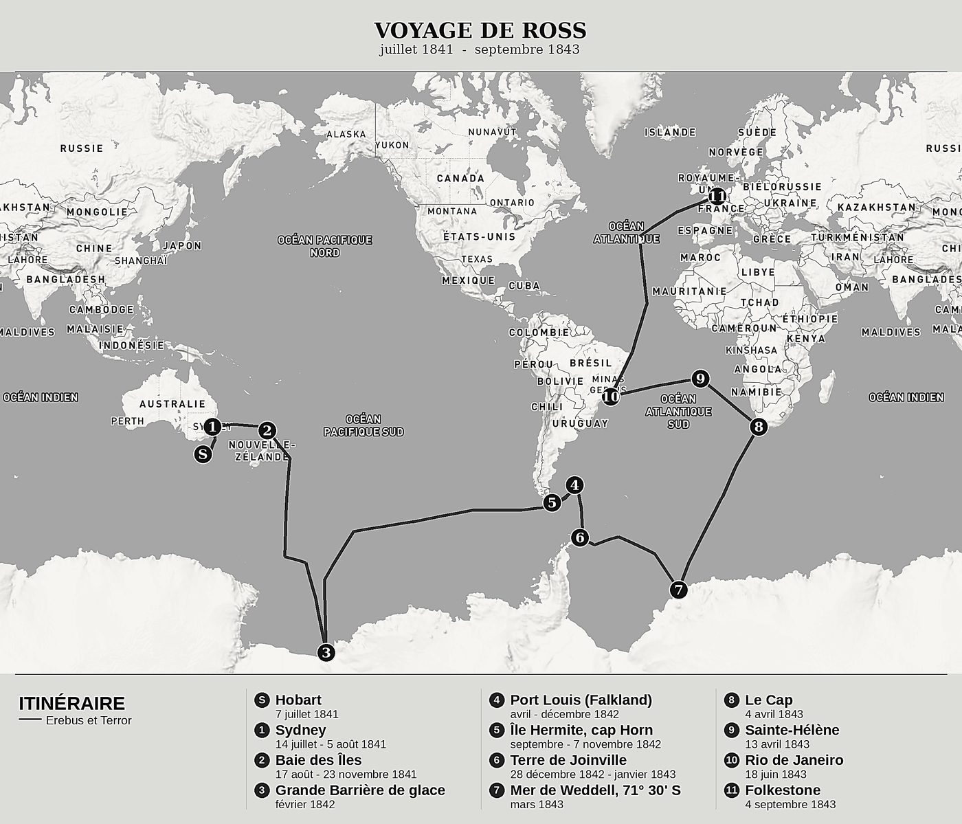 Carte d'ensemble de Voyage de découverte et de recherche dans les régions australes et antarctiques de James Clark Ross, nord en haut : juillet 1841  -  septembre 1843.