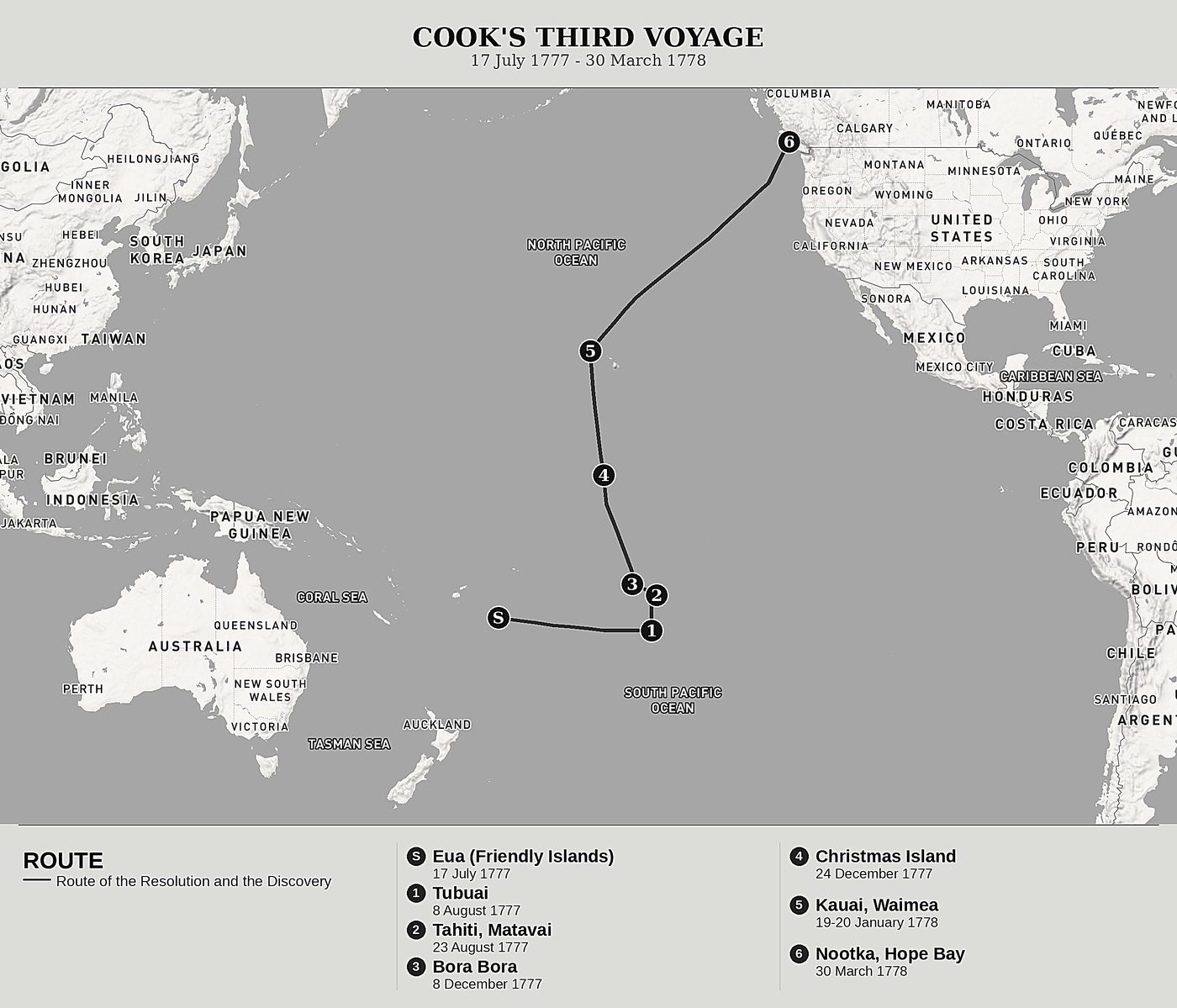 Overview map of Cook's Last Voyage, Volume III: Tahiti, the Society Islands and the Discovery of Hawaii by James Cook, north at top: 17 july 1777 - 30 march 1778.
