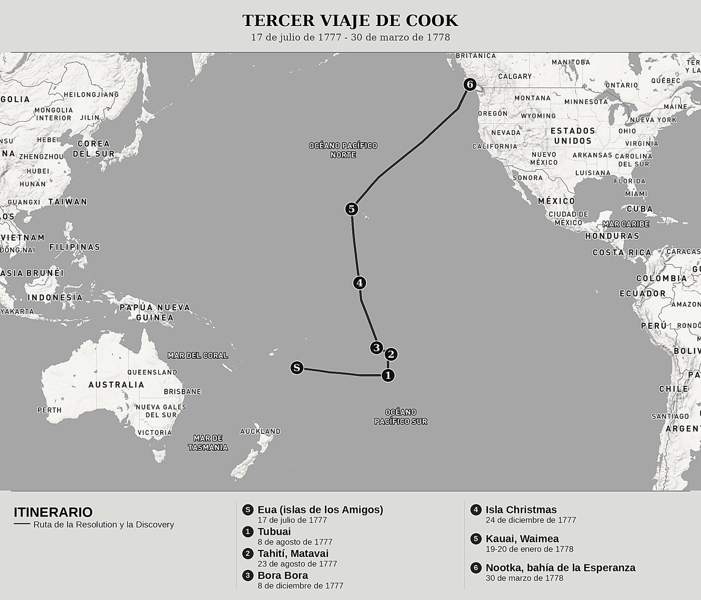 Mapa general de El último viaje de Cook, Tomo III: Tahití, las islas de la Sociedad y el descubrimiento de Hawái de James Cook, norte arriba: 17 de julio de 1777 - 30 de marzo de 1778.