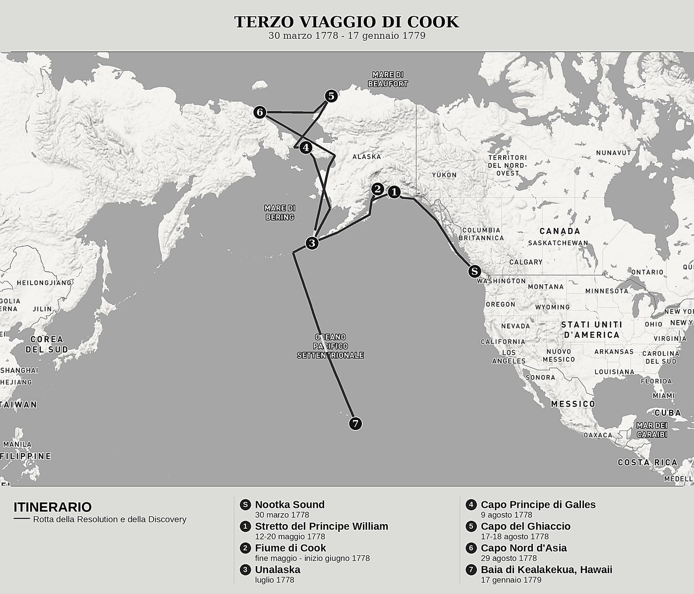 Mappa d'insieme di L'ultimo viaggio di Cook, Tomo IV: La costa dell'America, lo stretto di Bering e i ghiacci dell'Artico di James Cook, nord in alto: 30 marzo 1778 - 17 gennaio 1779.
