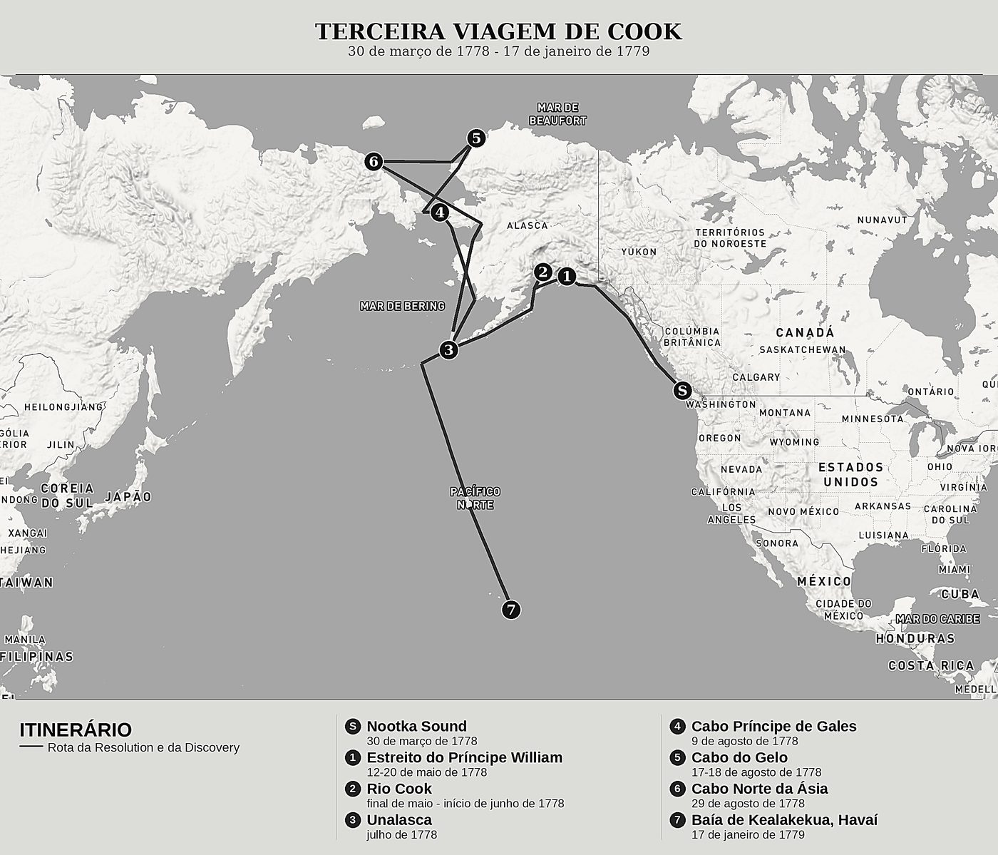 Mapa geral de A Última Viagem de Cook, Tomo IV: a costa da América, o estreito de Bering e os gelos do Ártico de James Cook, norte em cima: 30 de março de 1778 - 17 de janeiro de 1779.