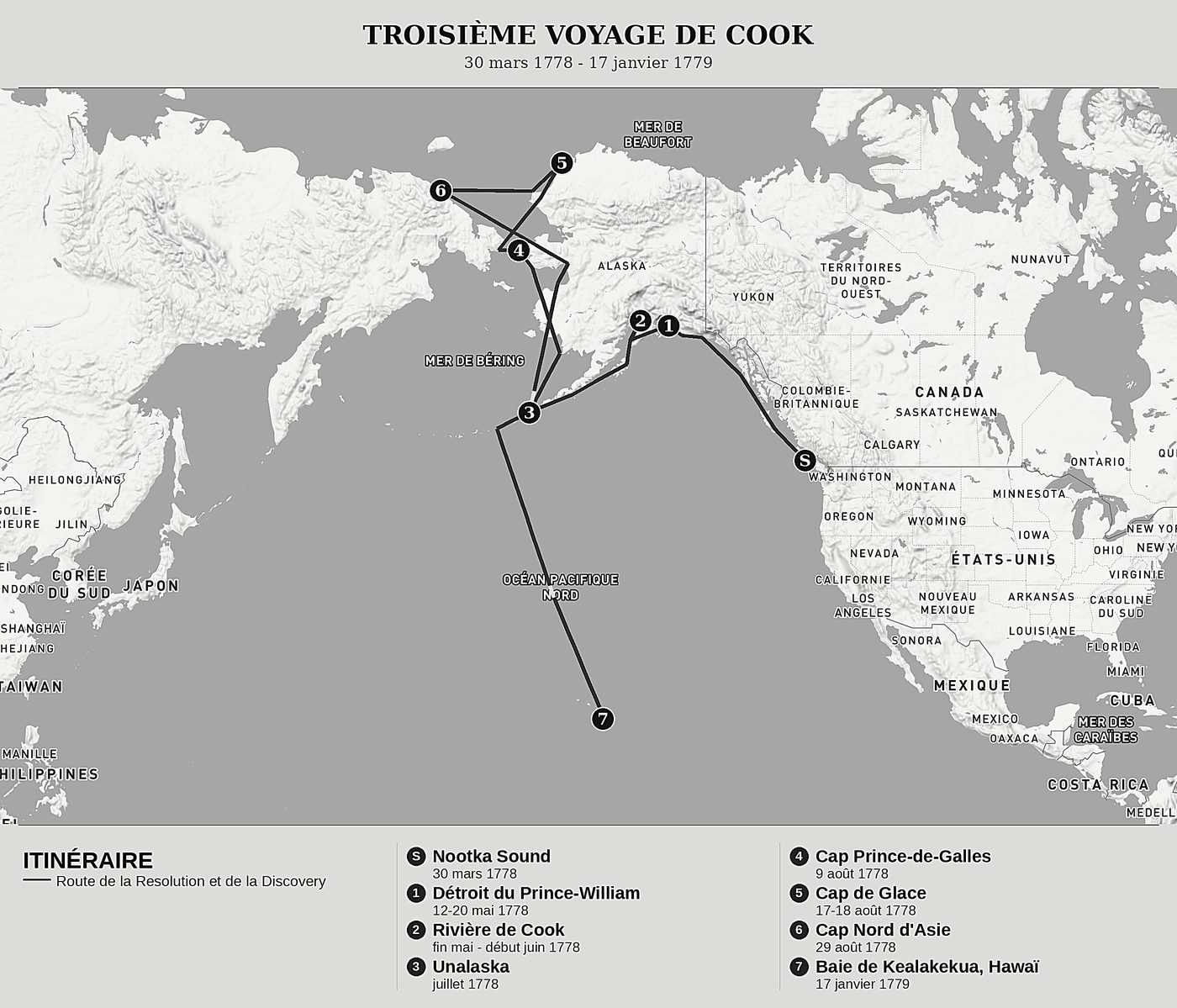 Carte d'ensemble de Le Dernier Voyage de Cook, Tome IV : La côte de l'Amérique, le détroit de Béring et les glaces de l'Arctique de James Cook, nord en haut : 30 mars 1778 - 17 janvier 1779.