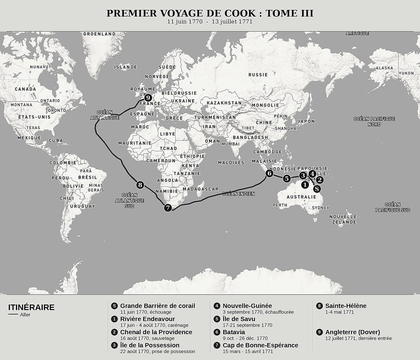 Carte d'ensemble de Le Journal de l’Endeavour, Tome III : Le récif de corail, Batavia et le retour en Angleterre de James Cook, nord en haut : 11 juin 1770  -  13 juillet 1771.
