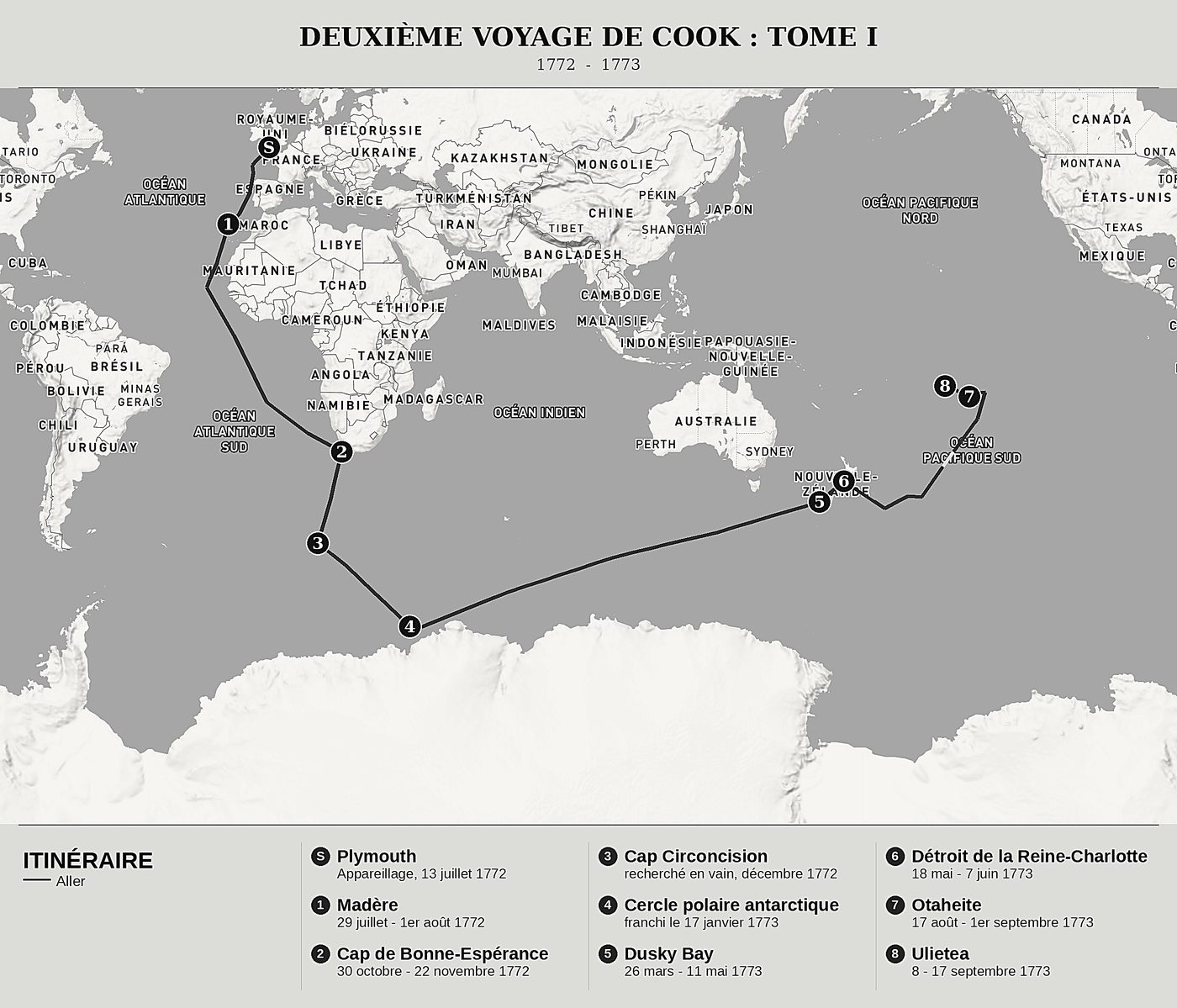 Carte d'ensemble de Cook vers le pôle Sud, Tome I : Le cercle polaire, la Nouvelle-Zélande et Tahiti de James Cook, nord en haut : 1772  -  1773.