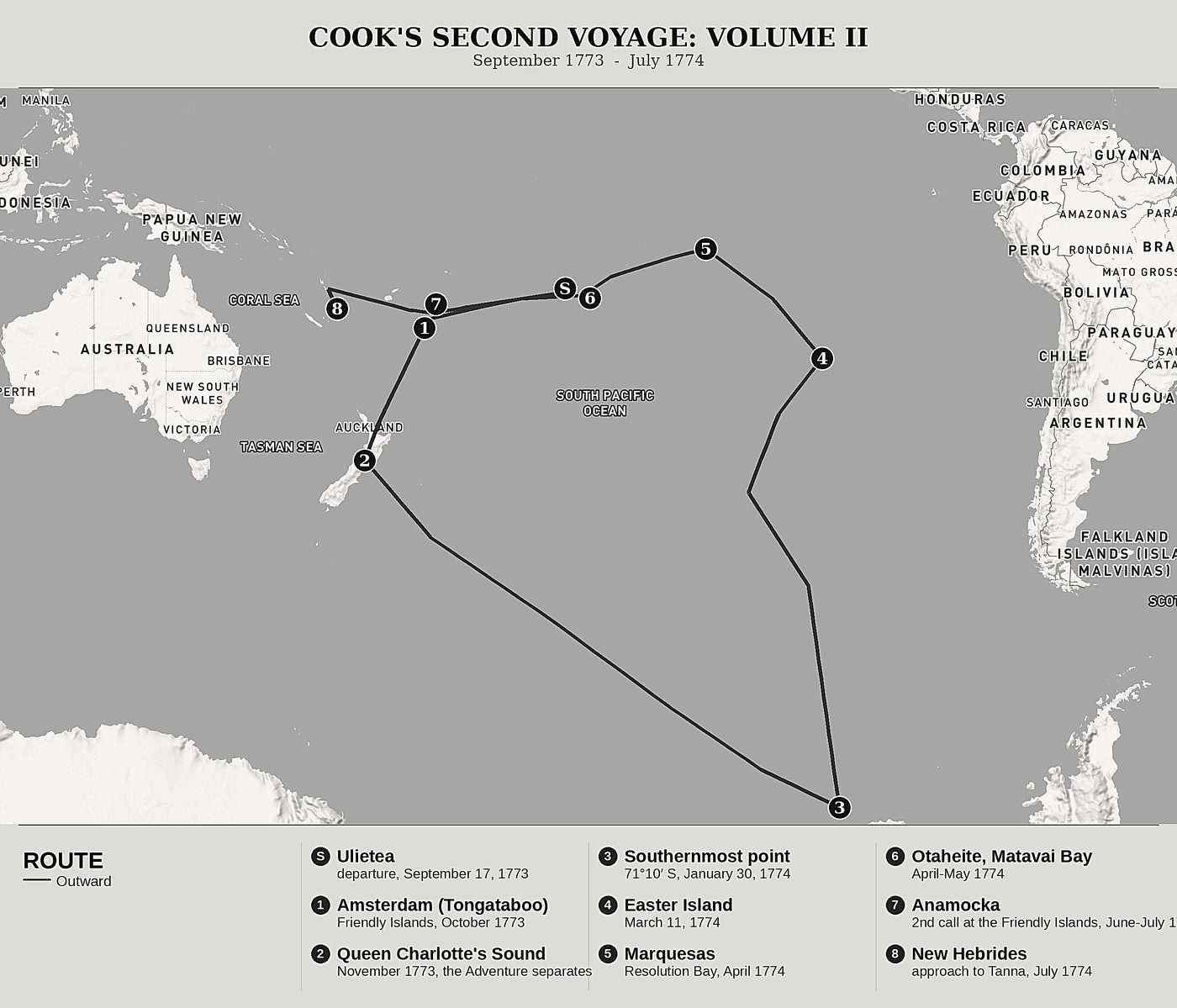Overview map of Cook Towards the South Pole, Volume II: Tonga, Easter Island and the Marquesas by James Cook, north at top: september 1773  -  july 1774.