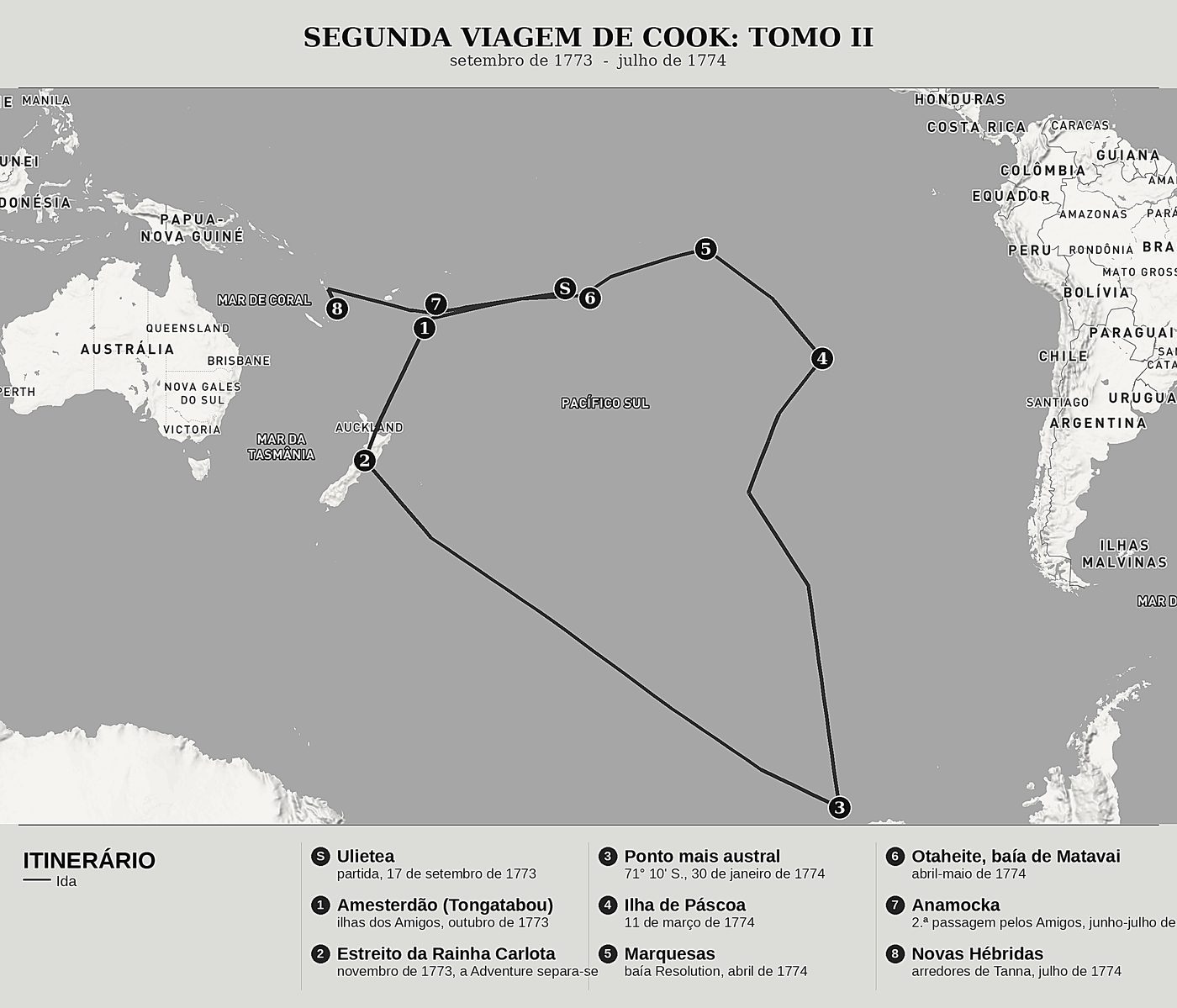 Mapa geral de Cook rumo ao Polo Sul, Tomo II: Tonga, a Ilha de Páscoa e as Marquesas de James Cook, norte em cima: setembro de 1773  -  julho de 1774.