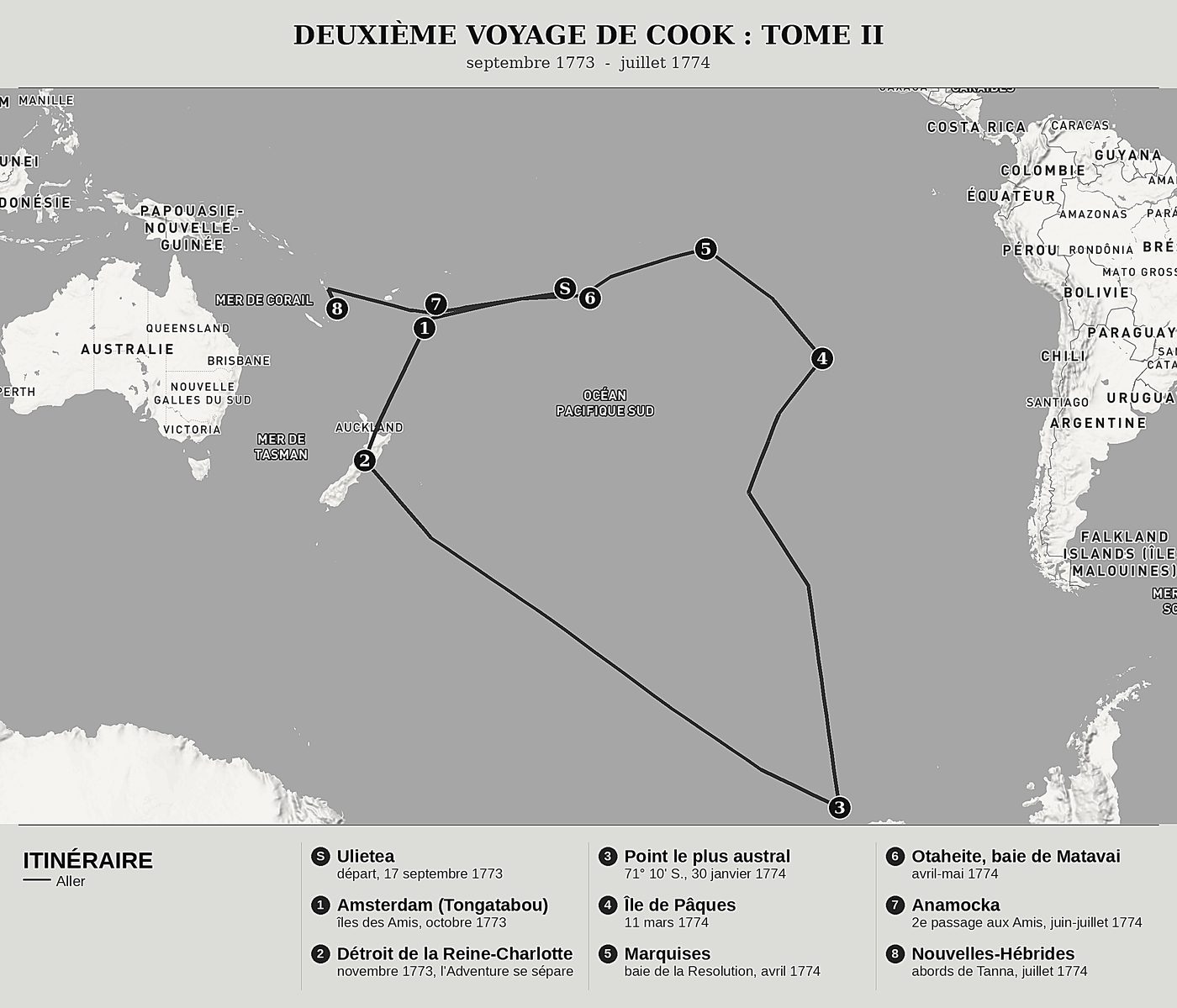 Carte d'ensemble de Cook vers le pôle Sud, Tome II : Tonga, l'île de Pâques et les Marquises de James Cook, nord en haut : septembre 1773  -  juillet 1774.