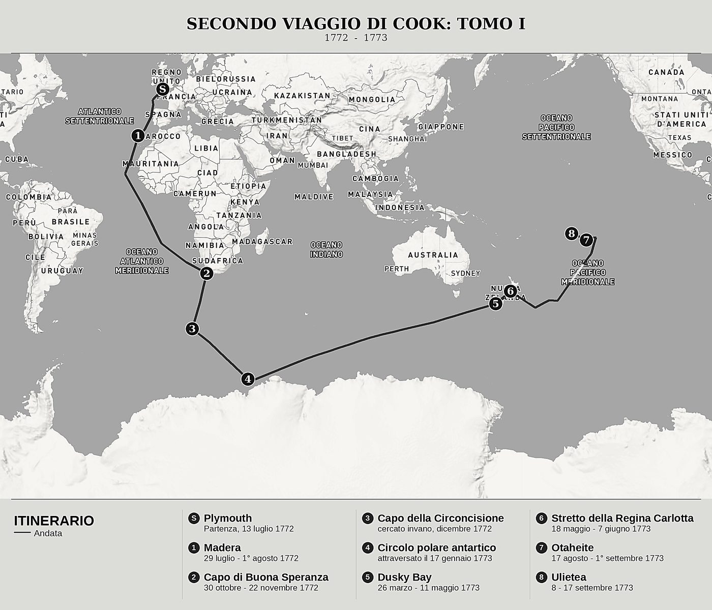 Mappa d'insieme di Cook verso il Polo Sud, Tomo I: Il circolo polare, la Nuova Zelanda e Tahiti di James Cook, nord in alto: 1772  -  1773.