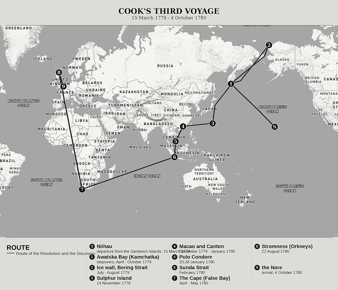 Overview map of Cook's Last Voyage, Volume VI: Kamchatka, Canton and the Return to England by James King, north at top: 15 march 1779 - 4 october 1780.