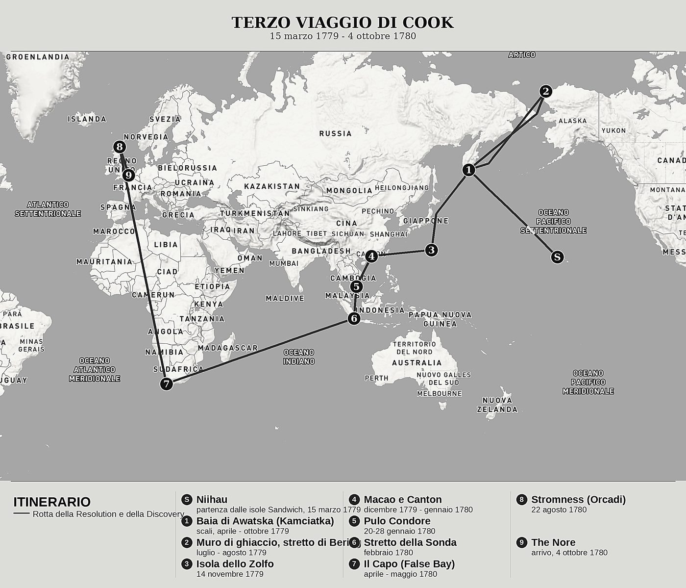 Mappa d'insieme di L'ultimo viaggio di Cook, Tomo VI: Il Kamciatka, Canton e il ritorno in Inghilterra di James King, nord in alto: 15 marzo 1779 - 4 ottobre 1780.