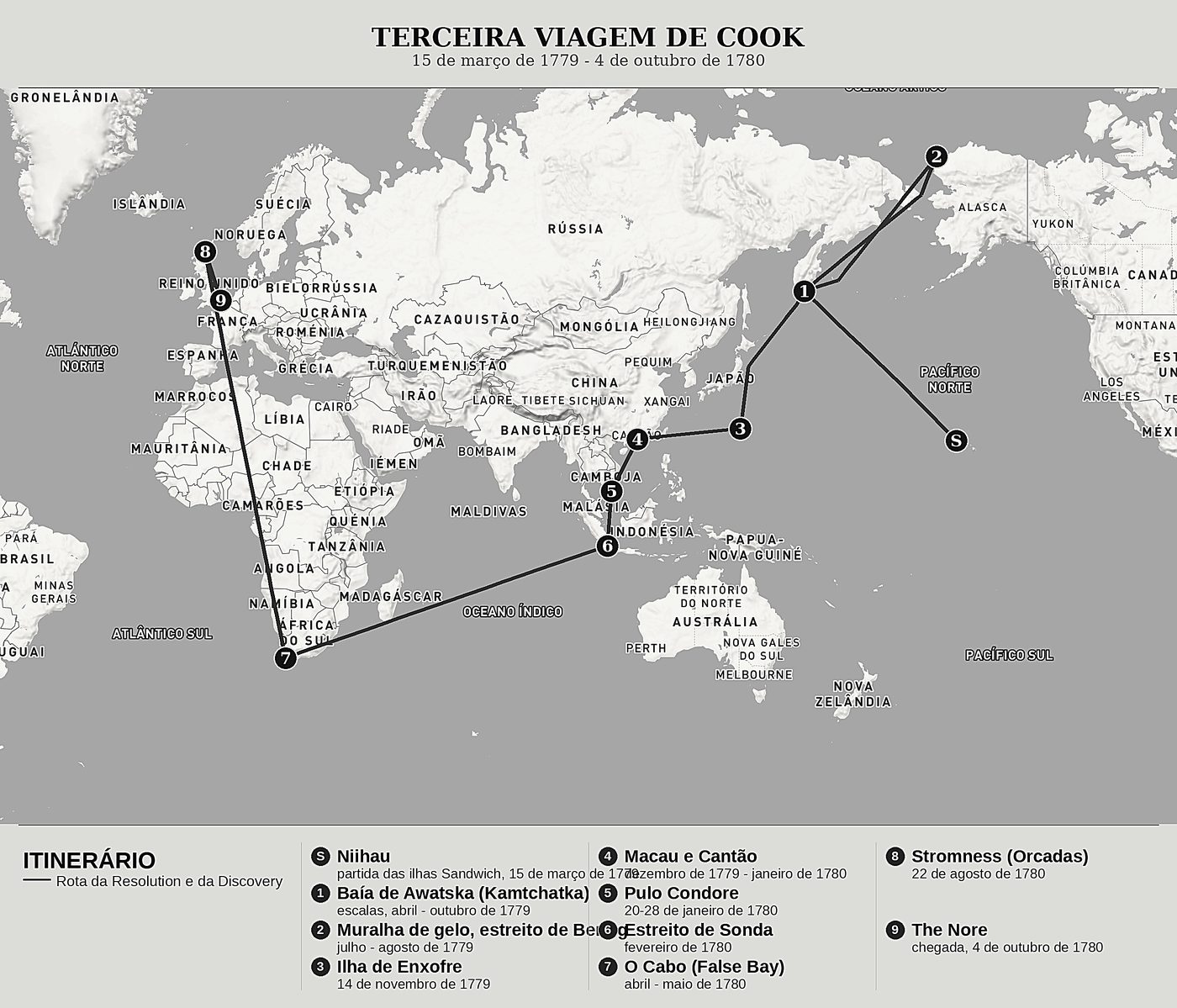 Mapa geral de A Última Viagem de Cook, Tomo VI: o Kamtchatka, Cantão e o regresso à Inglaterra de James King, norte em cima: 15 de março de 1779 - 4 de outubro de 1780.