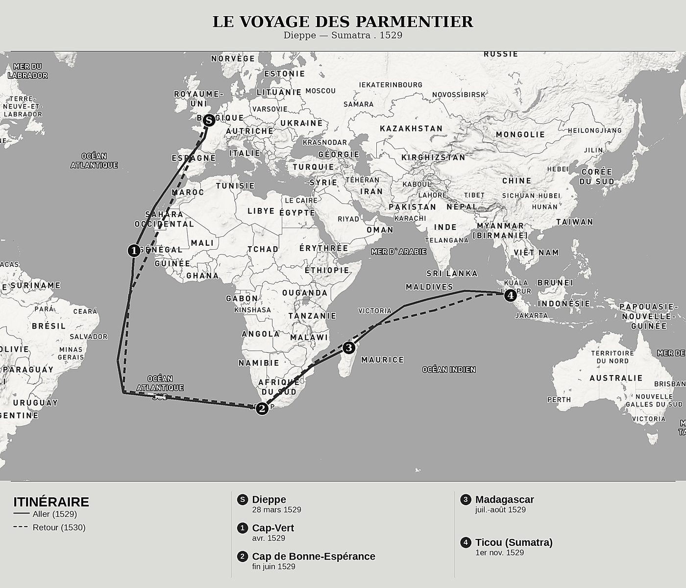 Carte d'ensemble de Sumatra, par la route du Cap de Jean et Raoul Parmentier, Pierre Crignon, nord en haut : dieppe — sumatra . 1529.