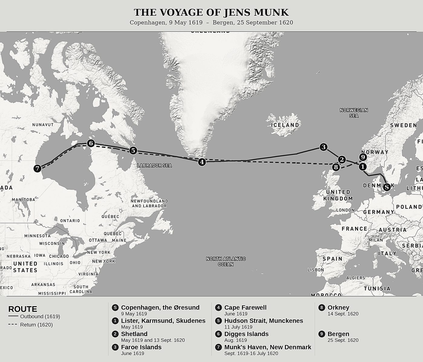 Overview map of Northern Navigation by Jens Munk, north at top: copenhagen, 9 may 1619  –  bergen, 25 september 1620.