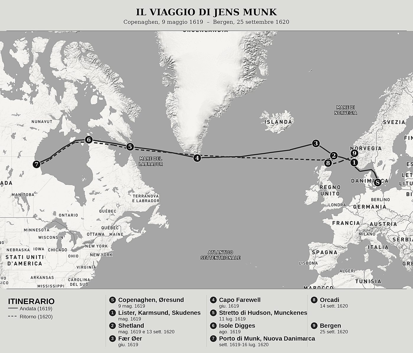 Mappa d'insieme di Navigazione settentrionale di Jens Munk, nord in alto: copenaghen, 9 maggio 1619  –  bergen, 25 settembre 1620.