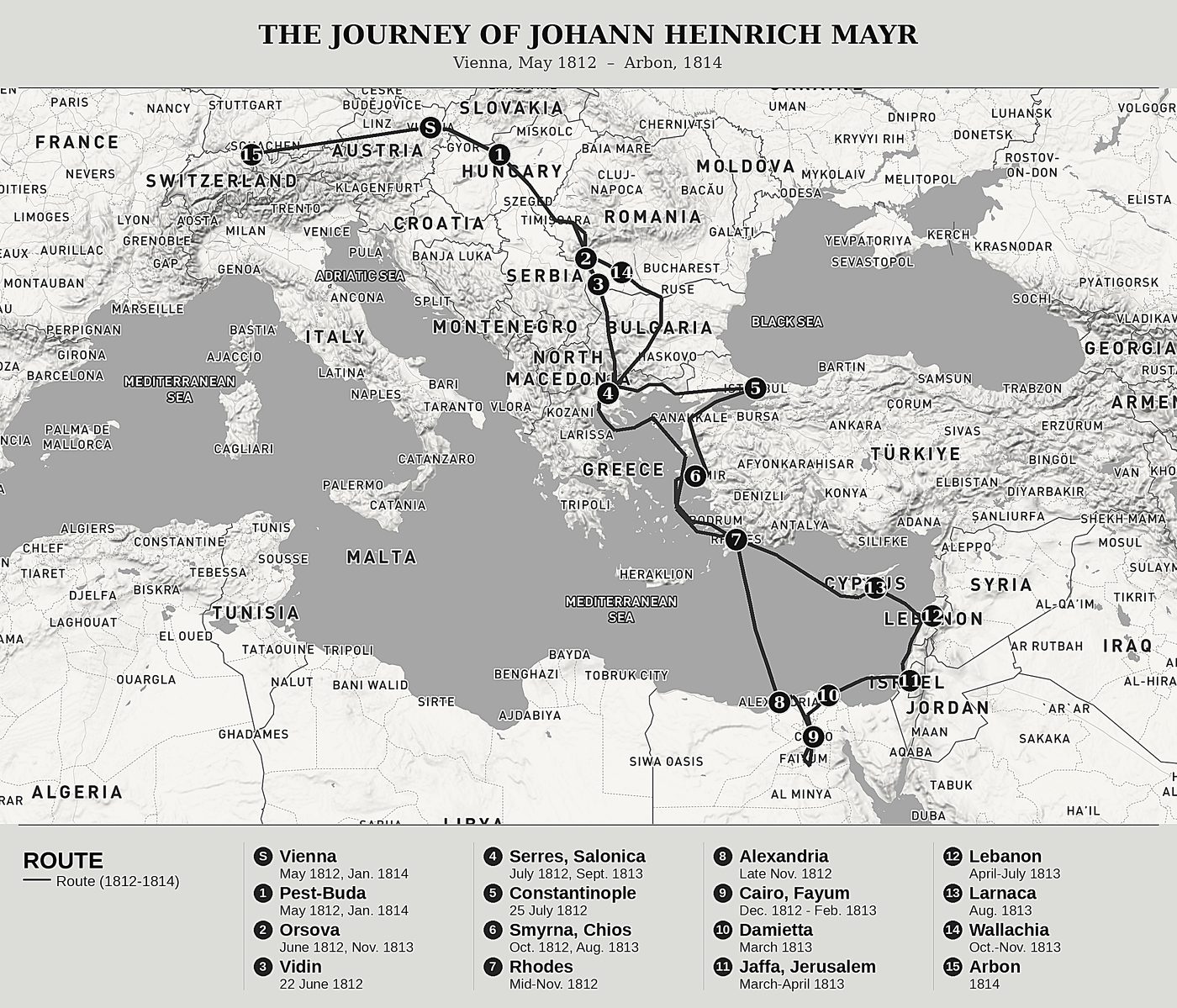 Overview map of Tribulations of a Swiss Man on His Journey to Jerusalem and Lebanon by Johann Heinrich Mayr, north at top: vienna, may 1812  –  arbon, 1814.
