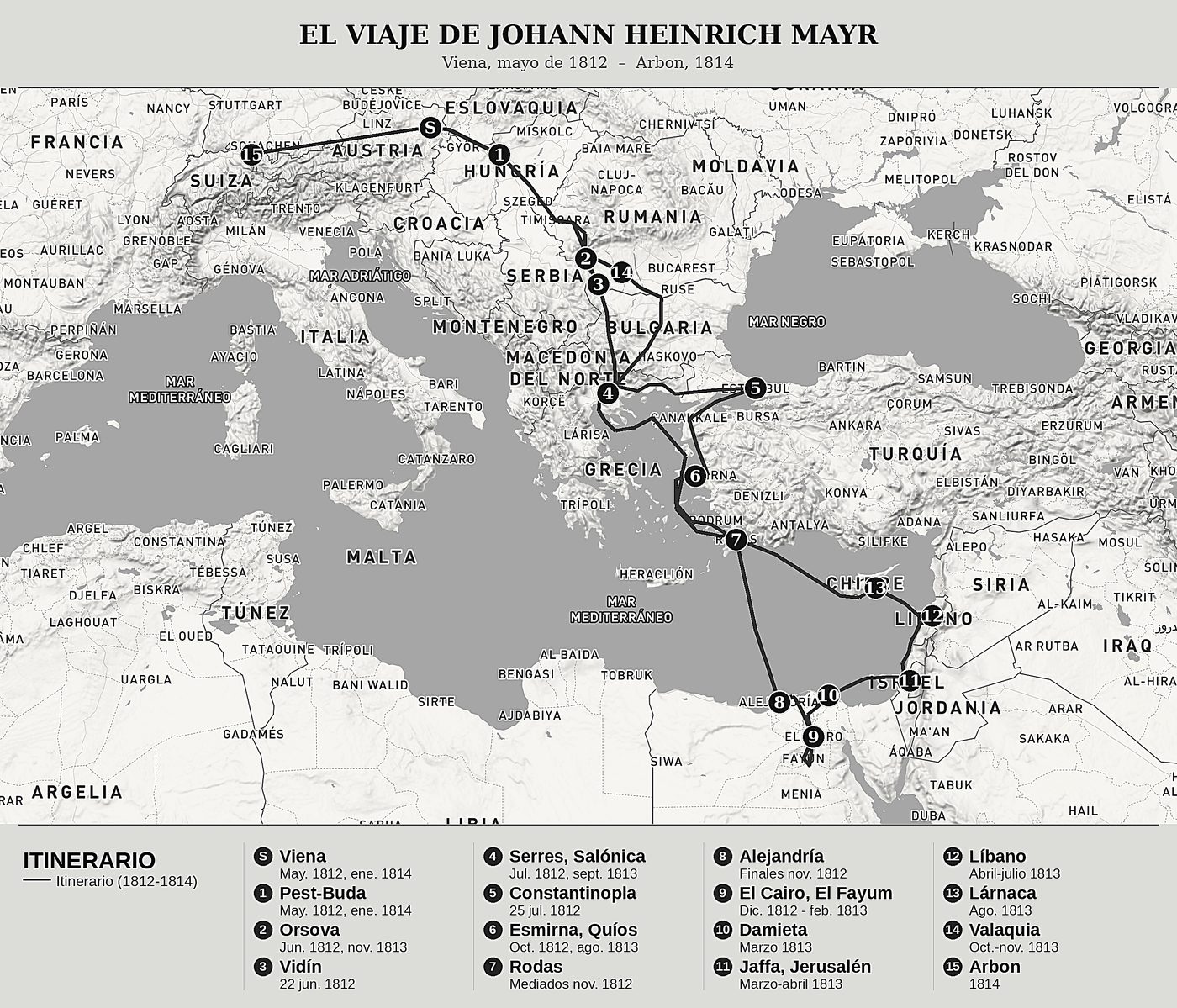 Mapa general de Tribulaciones de un suizo en su viaje a Jerusalén y al Líbano de Johann Heinrich Mayr, norte arriba: viena, mayo de 1812  –  arbon, 1814.