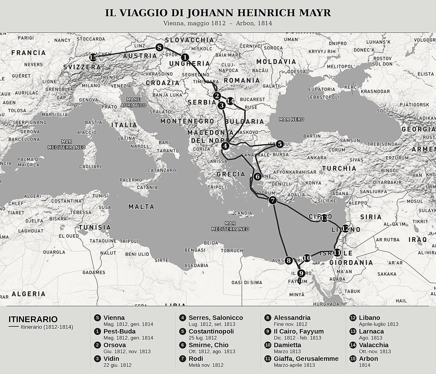 Mappa d'insieme di Peripezie di uno svizzero in viaggio a Gerusalemme e in Libano di Johann Heinrich Mayr, nord in alto: vienna, maggio 1812  –  arbon, 1814.