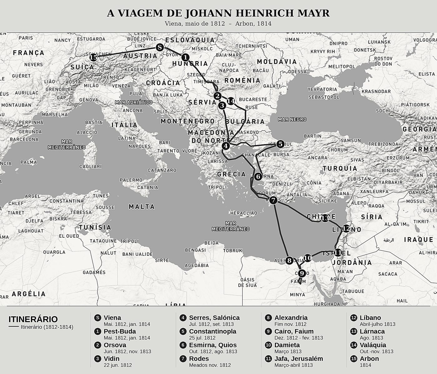 Mapa geral de Tribulações de um suíço em viagem a Jerusalém e ao Líbano de Johann Heinrich Mayr, norte em cima: viena, maio de 1812  –  arbon, 1814.