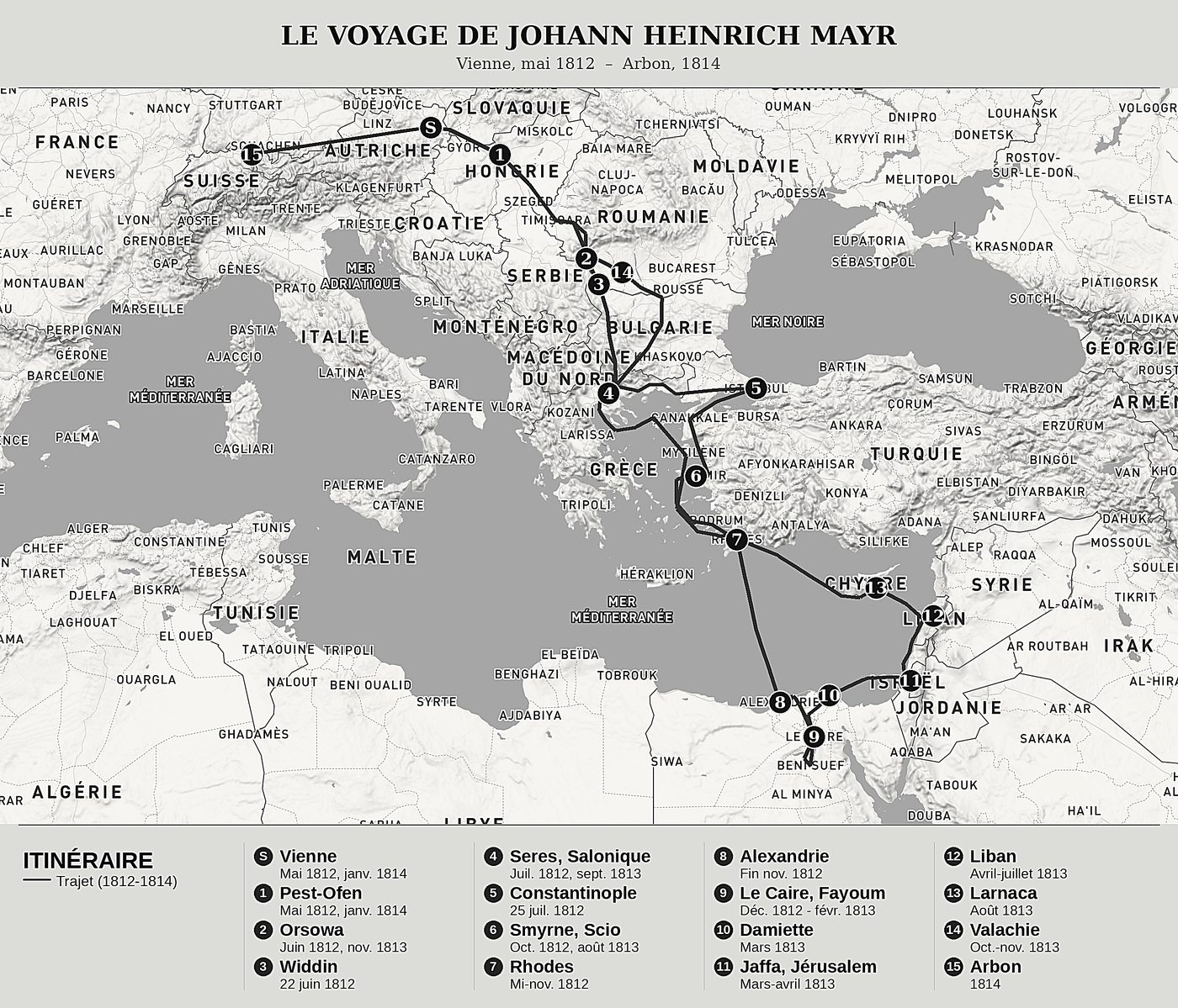 Carte d'ensemble de Tribulations d'un Suisse en voyage à Jérusalem et au Liban de Johann Heinrich Mayr, nord en haut : vienne, mai 1812  –  arbon, 1814.