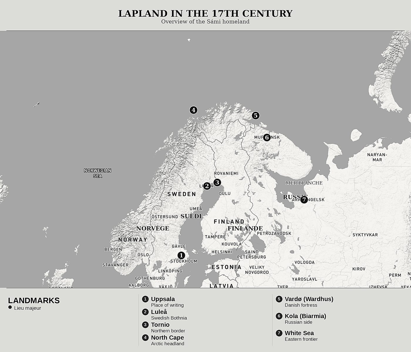 Overview map of The History of Lapland by Johannes Scheffer, north at top: overview of the sámi homeland.