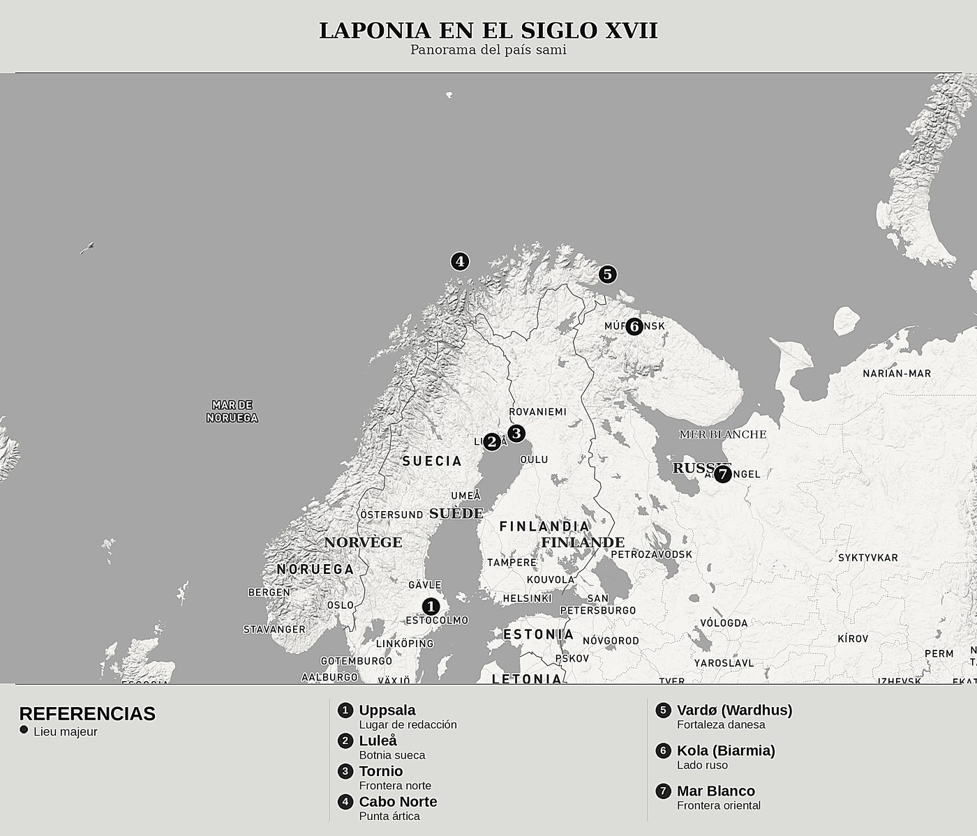 Mapa general de Historia de Laponia de Johannes Scheffer, norte arriba: panorama del país sami.
