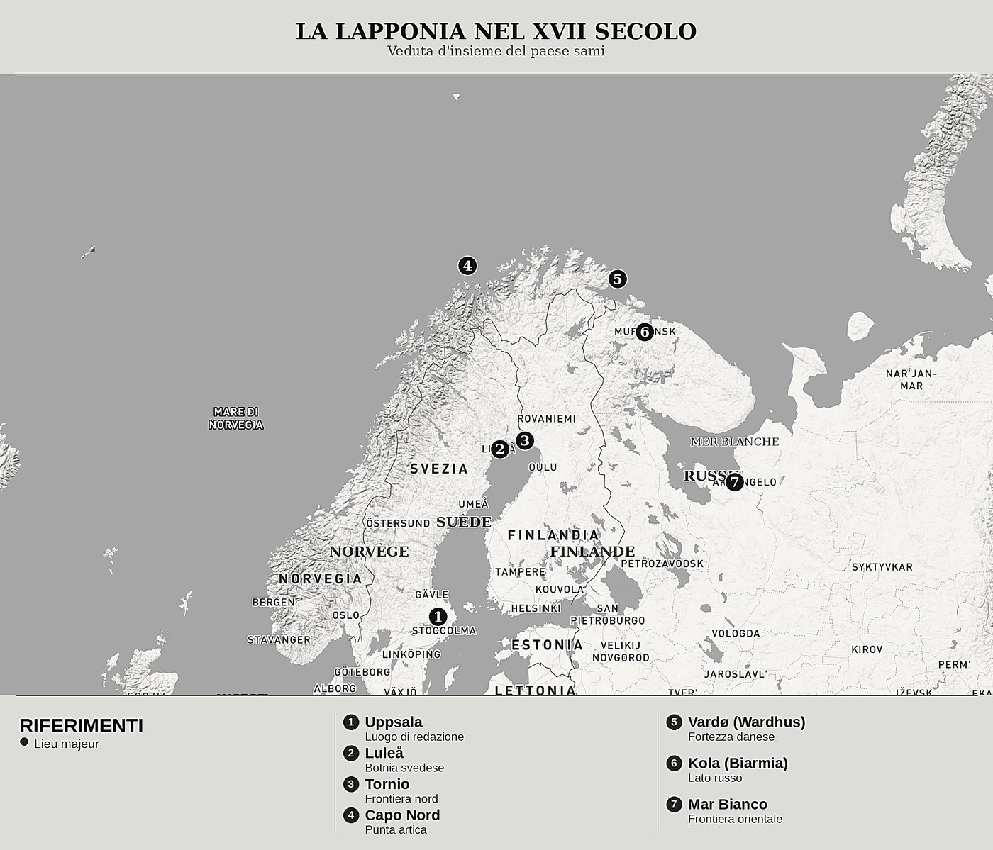 Mappa d'insieme di Storia della Lapponia di Johannes Scheffer, nord in alto: veduta d'insieme del paese sami.