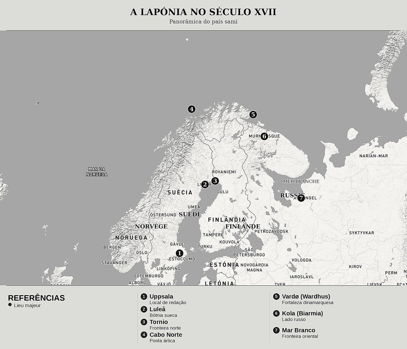 Mapa geral de História da Lapónia de Johannes Scheffer, norte em cima: panorâmica do país sami.