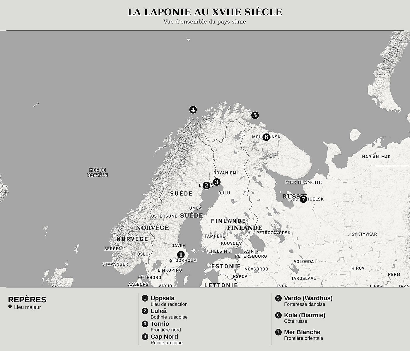 Carte de la Laponie au XVIIe siècle, nord en haut : le pays sâme réparti entre la Suède, la Norvège, la Finlande et les confins de la Russie, de la mer Glaciale arctique aux foires de Bothnie ; repères d'Uppsala, Luleå, Tornio, Cap Nord, Vardø, Kola et mer Blanche.