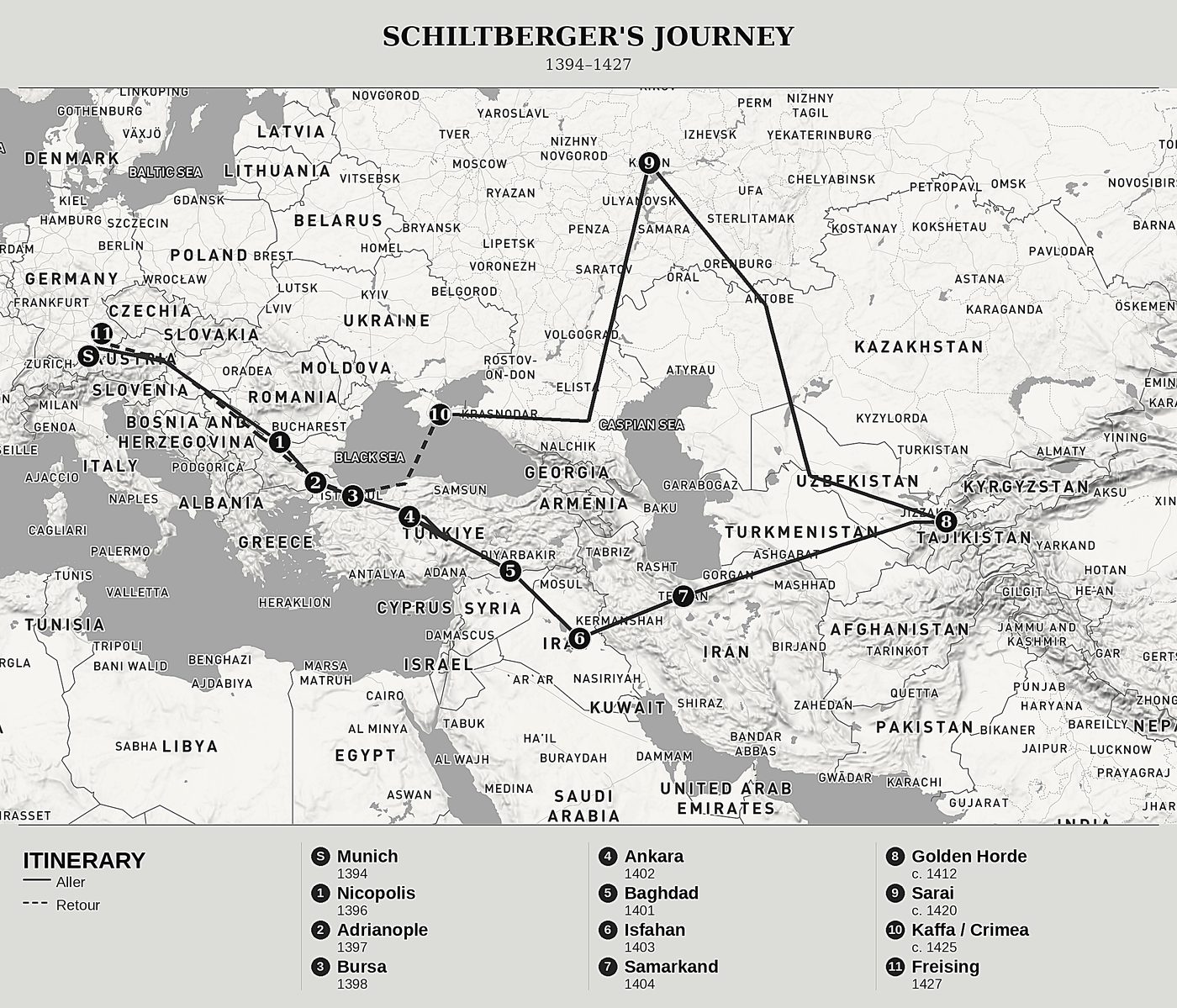 Overview map of Captivity and Travels Through Three Empires by Johannes Schiltberger, north at top: 1394–1427.