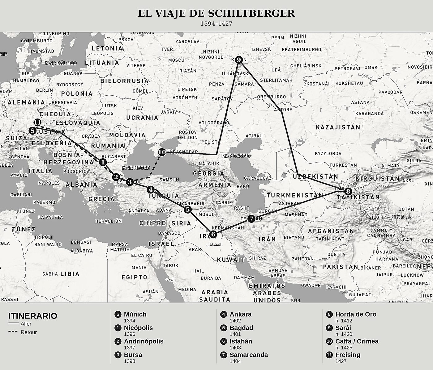 Mapa general de Cautiverio y viajes a través de tres imperios de Johannes Schiltberger, norte arriba: 1394–1427.