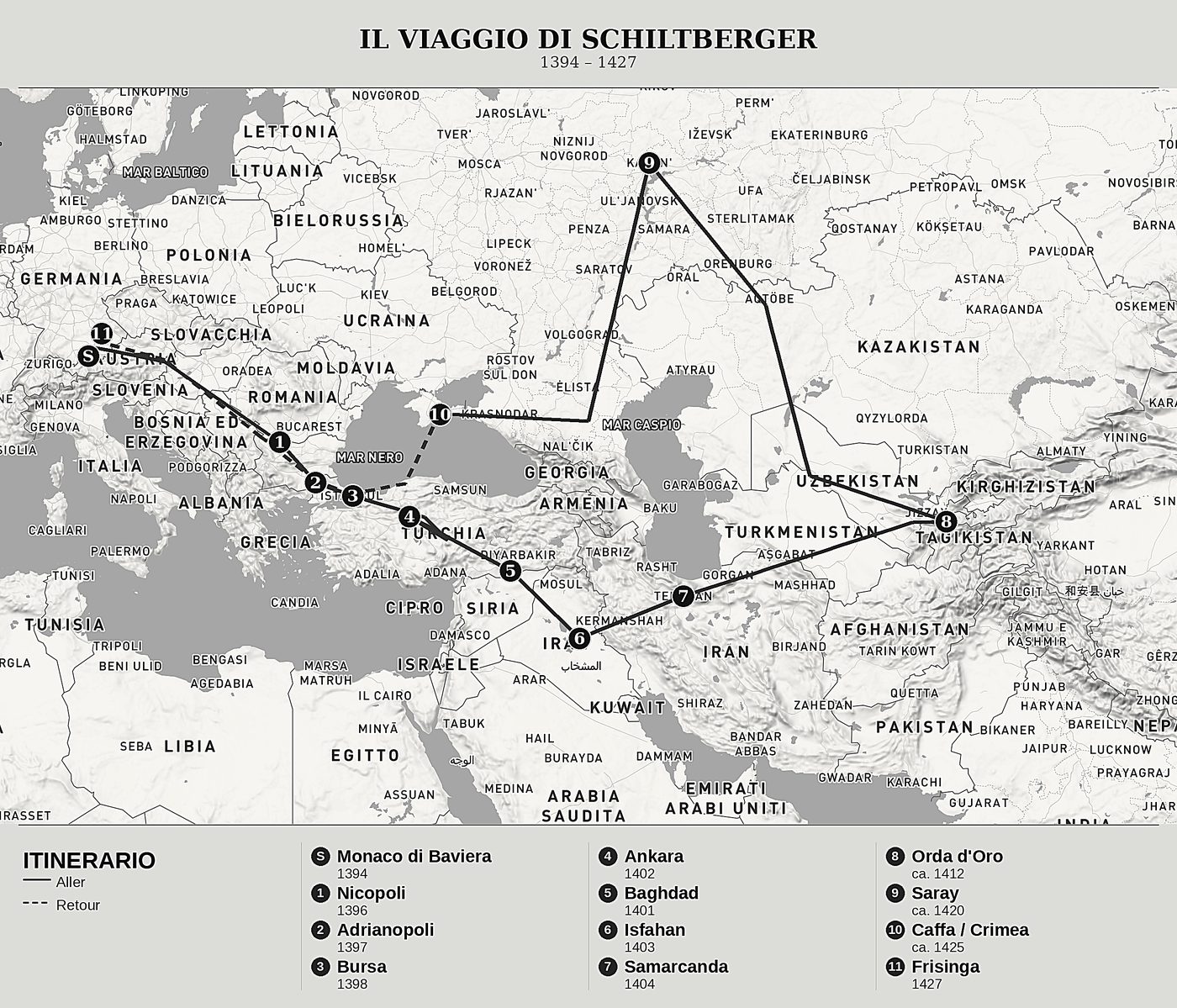 Mappa d'insieme di Prigionia e viaggi attraverso tre imperi di Johannes Schiltberger, nord in alto: 1394 – 1427.