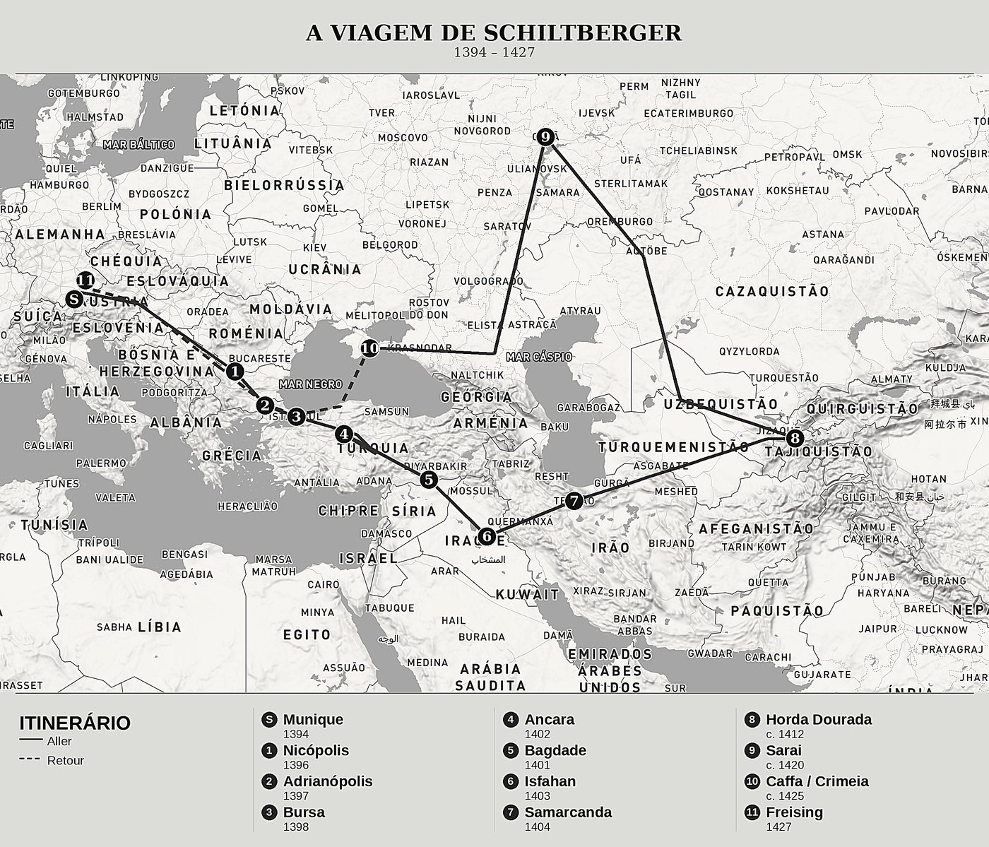 Mapa geral de Cativeiro e viagens através de três impérios de Johannes Schiltberger, norte em cima: 1394 – 1427.