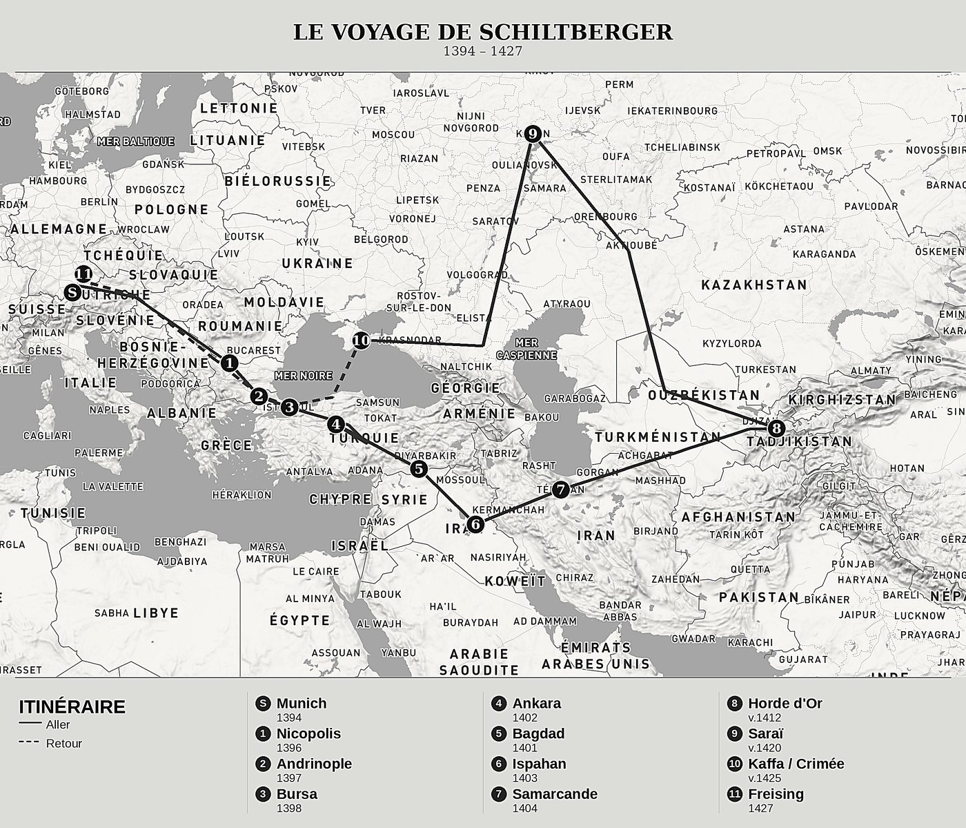 Carte d'ensemble de Captivité et voyages à travers trois empires de Johannes Schiltberger, nord en haut : 1394 – 1427.