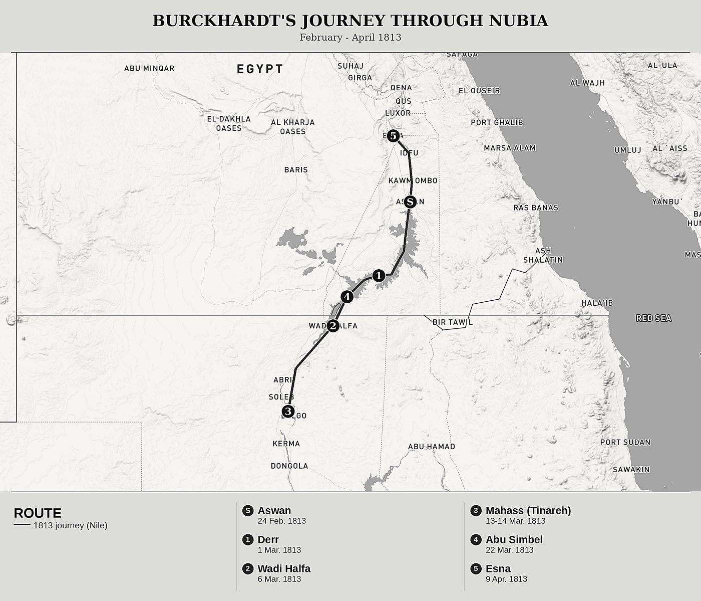 Overview map of Travels in Nubia, Volume I: The Nile from Aswan to Mahass, on the Borders of Dongola by John Lewis Burckhardt, north at top: february - april 1813.