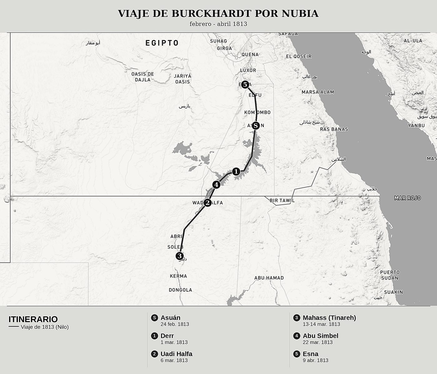 Mapa general de Viajes por Nubia, Tomo I: El Nilo de Asuán a Mahass, en las fronteras de Dongola de John Lewis Burckhardt, norte arriba: febrero - abril 1813.