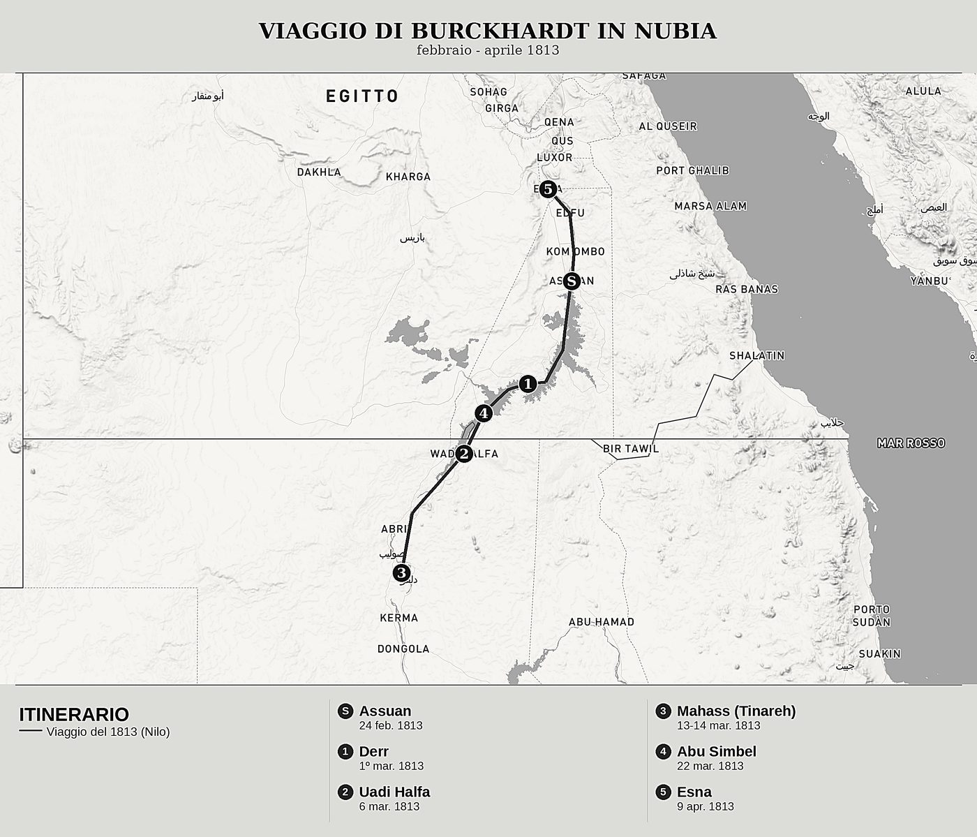 Mappa d'insieme di Viaggi in Nubia, Tomo I: Il Nilo da Assuan a Mahass, ai confini del Dongola di John Lewis Burckhardt, nord in alto: febbraio - aprile 1813.