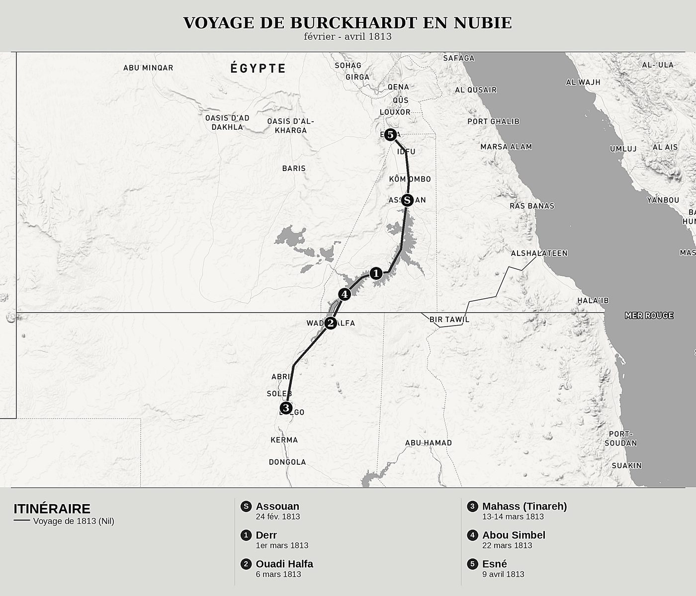 Carte d'ensemble de Voyages en Nubie, Tome I : Le Nil d'Assouan à Mahass, aux frontières du Dongola de John Lewis Burckhardt, nord en haut : février - avril 1813.