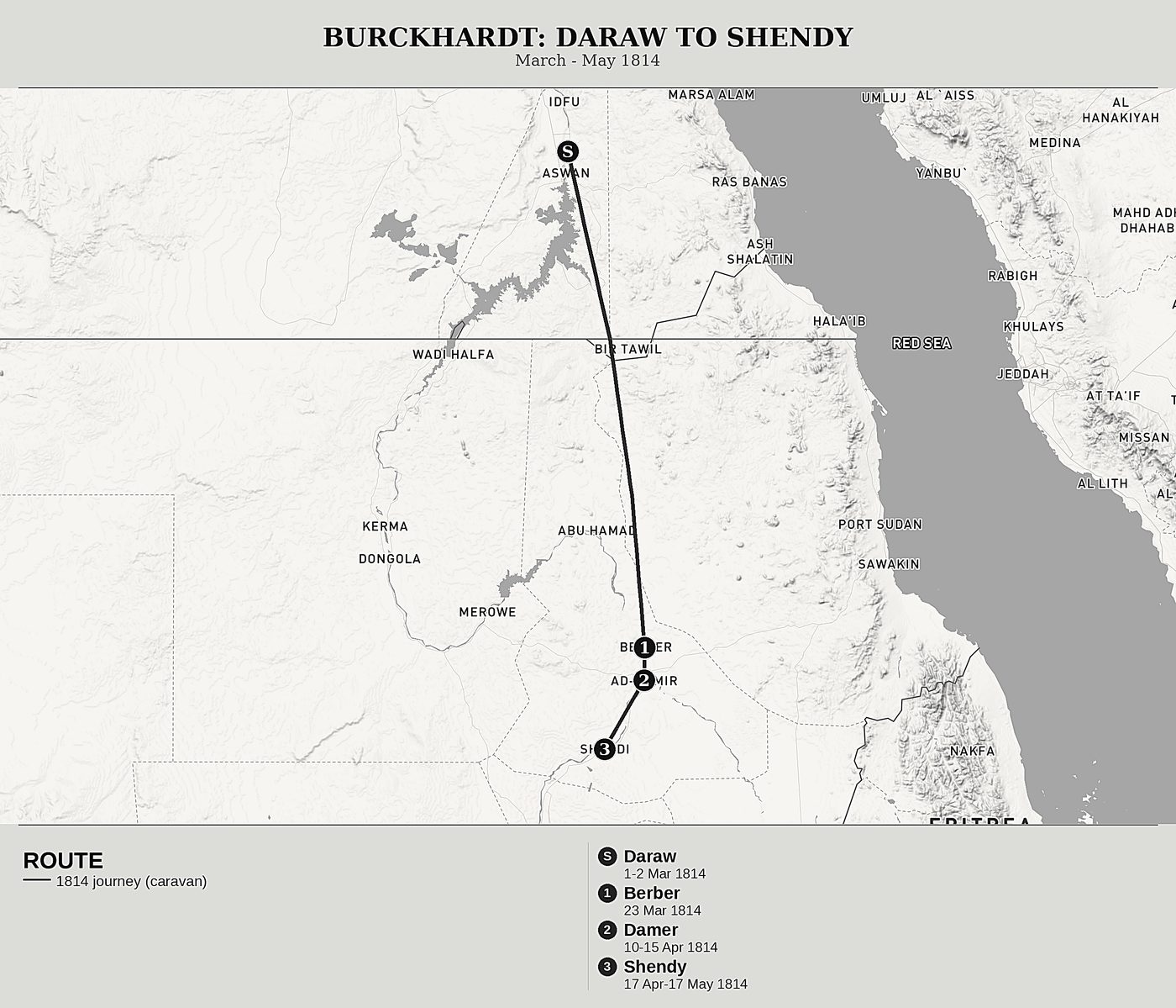 Overview map of Travels in Nubia, Volume II: The Deserts of Nubia, Berber and Shendy by John Lewis Burckhardt, north at top: march - may 1814.