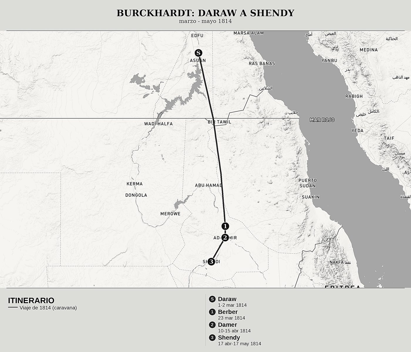Mapa general de Viajes por Nubia, Tomo II: Los desiertos de Nubia, Berber y Shendy de John Lewis Burckhardt, norte arriba: marzo - mayo 1814.