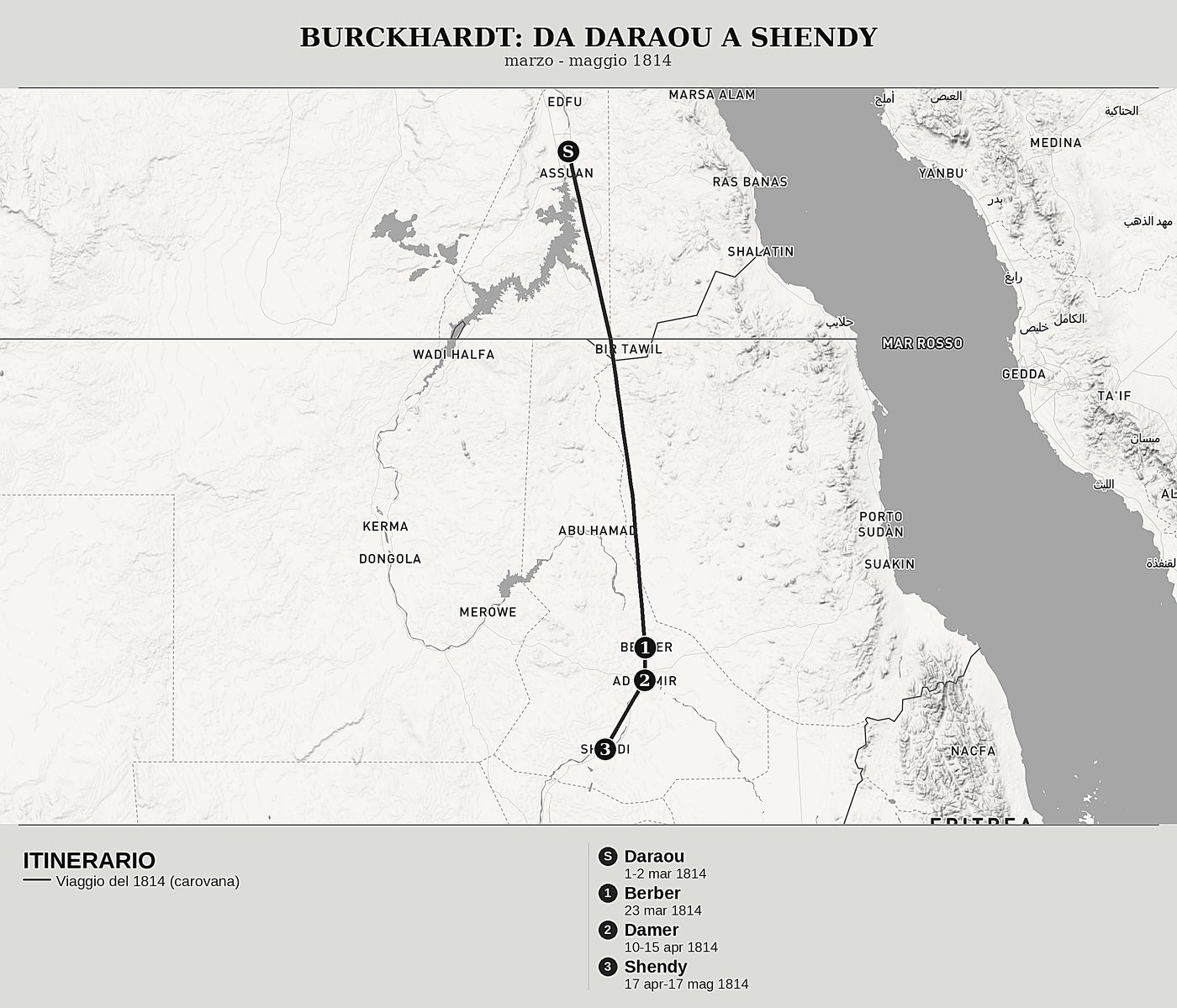 Mappa d'insieme di Viaggi in Nubia, Tomo II: I deserti di Nubia, Berber e Shendy di John Lewis Burckhardt, nord in alto: marzo - maggio 1814.