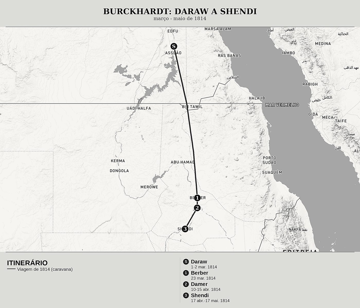 Mapa geral de Viagens à Núbia, Tomo II: Os desertos da Núbia, Berber e Shendi de John Lewis Burckhardt, norte em cima: março - maio de 1814.
