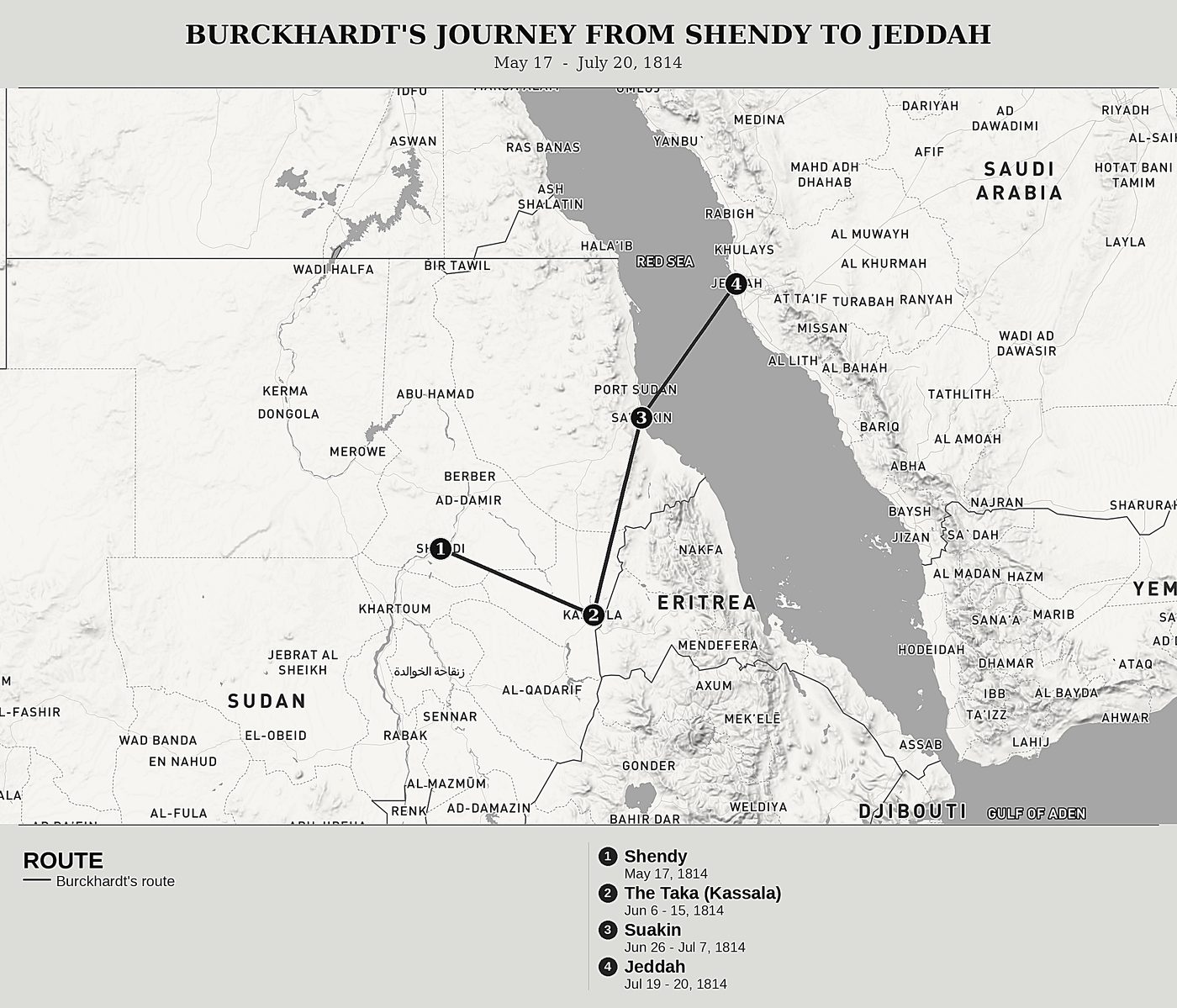 Overview map of Travels in Nubia, Volume III: From Shendy to Suakin and Jeddah via the Taka by John Lewis Burckhardt, north at top: may 17  -  july 20, 1814.
