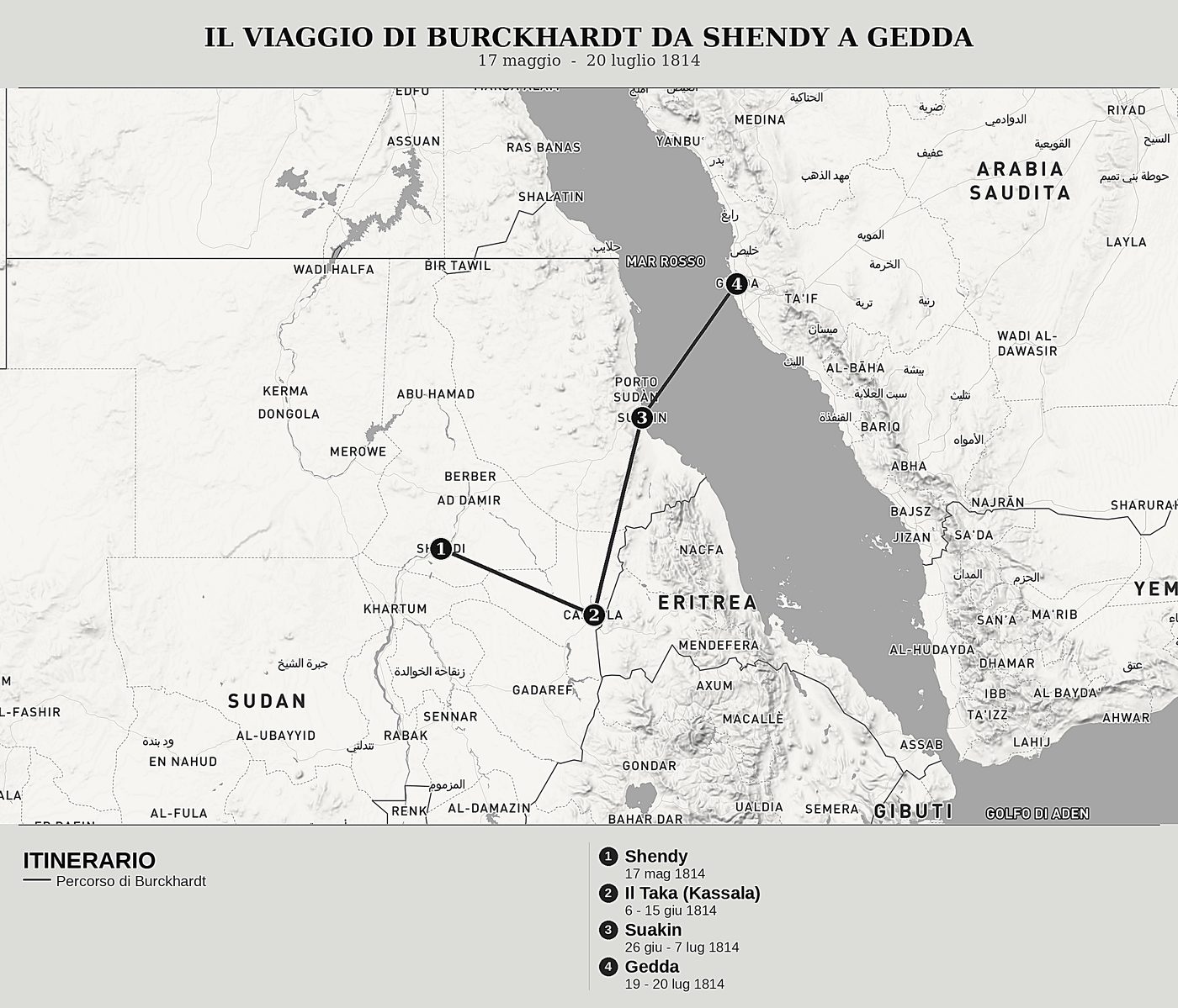 Mappa d'insieme di Viaggi in Nubia, Tomo III: Da Shendy a Suakin e Gedda attraverso il Taka di John Lewis Burckhardt, nord in alto: 17 maggio  -  20 luglio 1814.