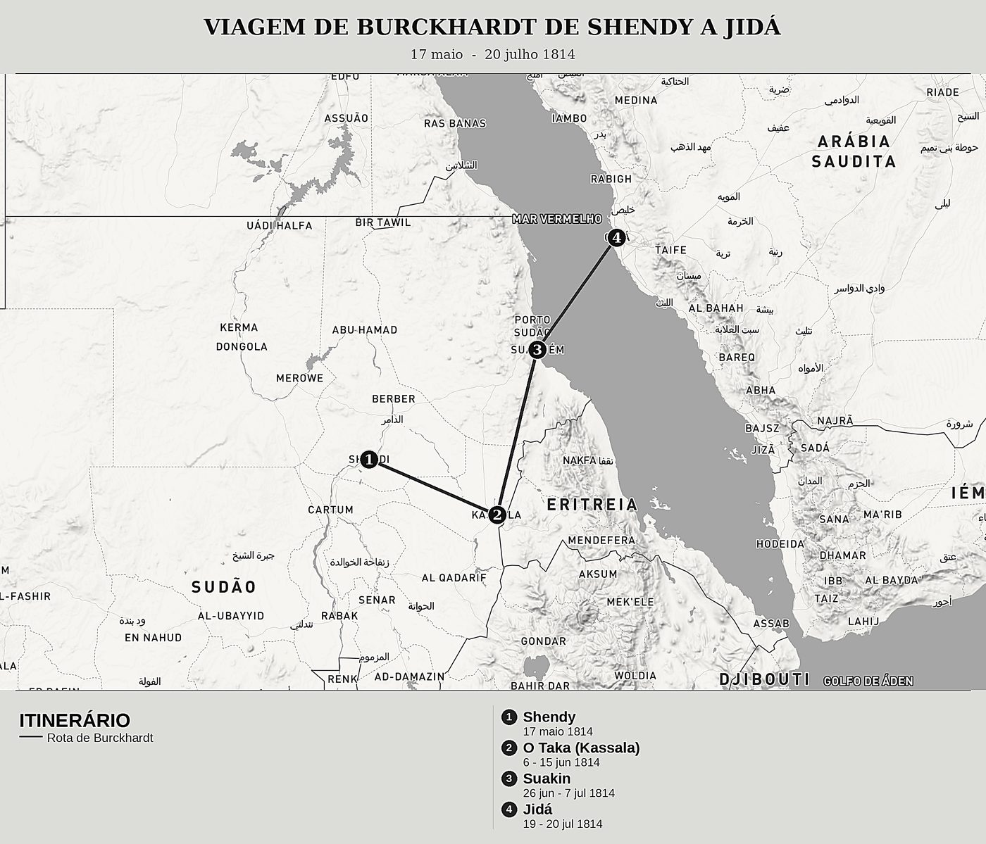 Mapa geral de Viagens na Núbia, Tomo III : De Shendy a Suakin e Jidá pelo Taka de John Lewis Burckhardt, norte em cima: 17 maio  -  20 julho 1814.