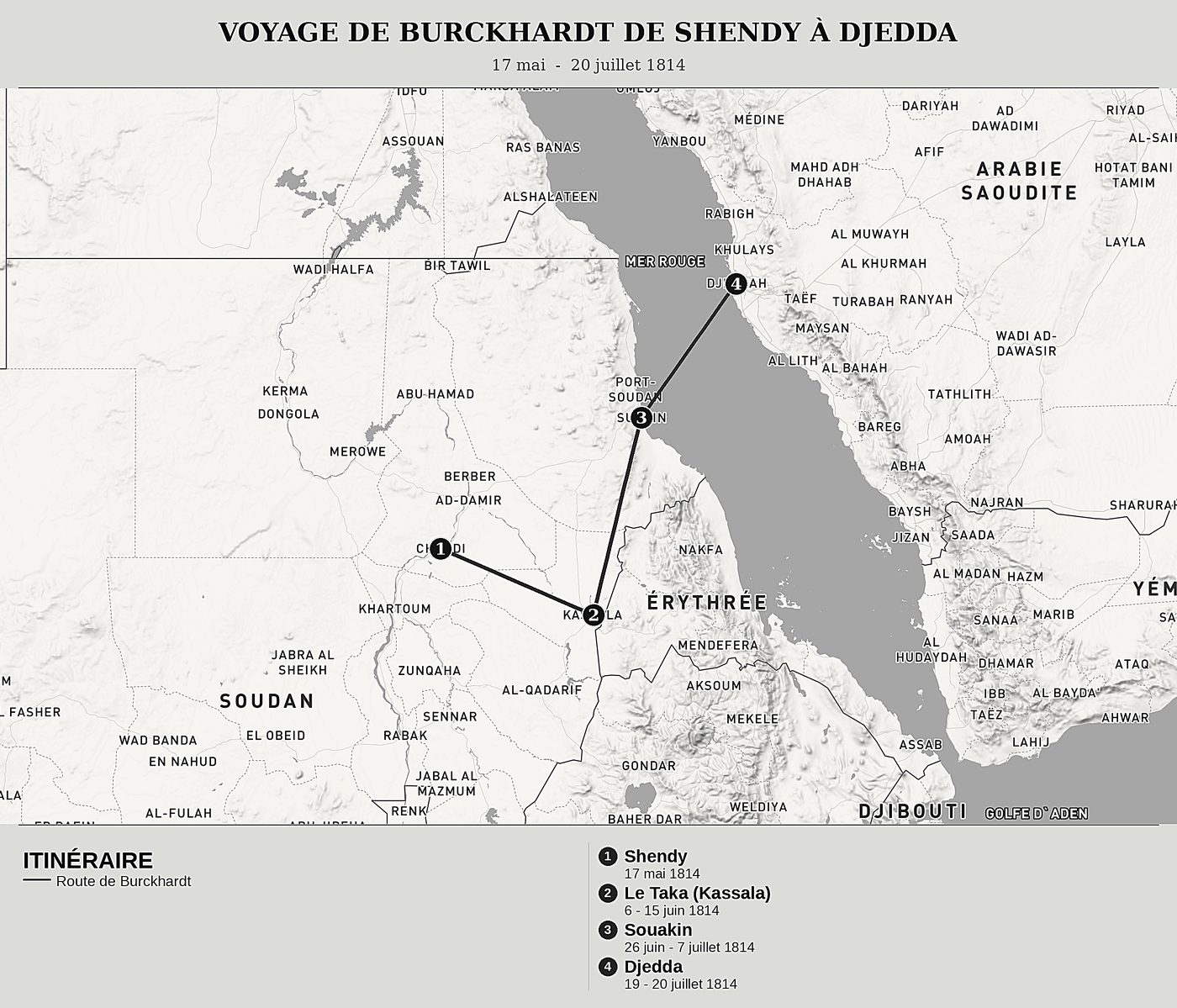 Carte d'ensemble de Voyages en Nubie, Tome III : De Shendy à Souakin et Djedda par le Taka de John Lewis Burckhardt, nord en haut : 17 mai  -  20 juillet 1814.