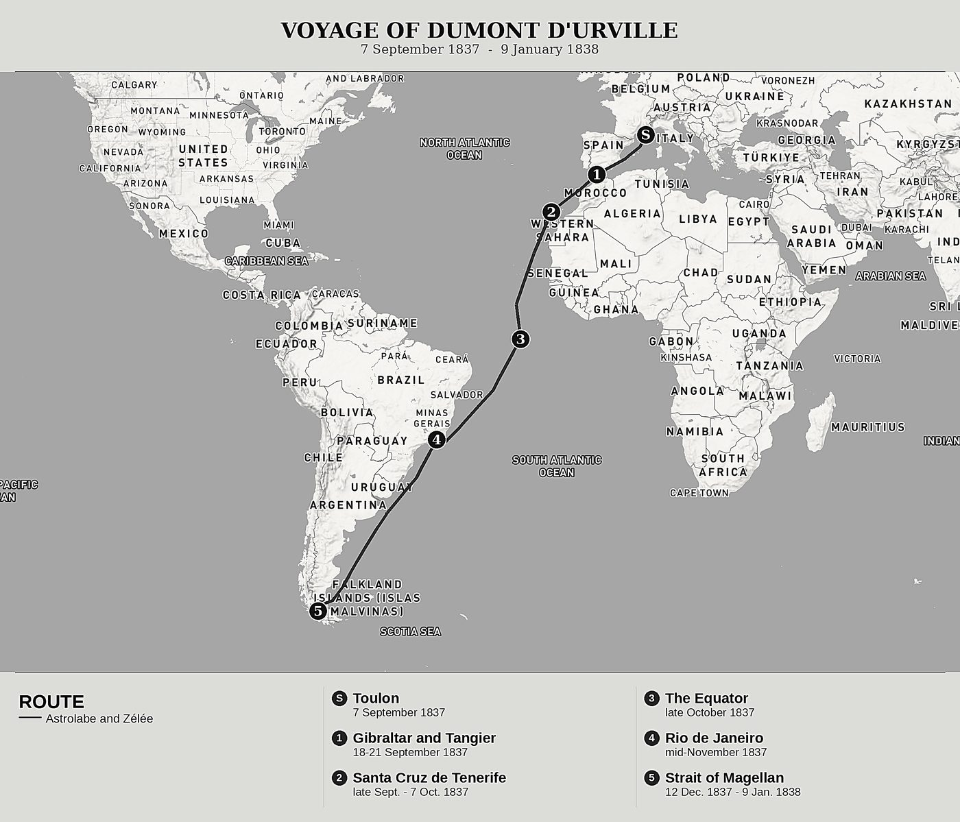 Overview map of Voyage to the South Pole and Oceania, Volume I: Toulon, Tenerife, Rio de Janeiro and the Strait of Magellan by Jules Dumont d'Urville, north at top: 7 september 1837  -  9 january 1838.