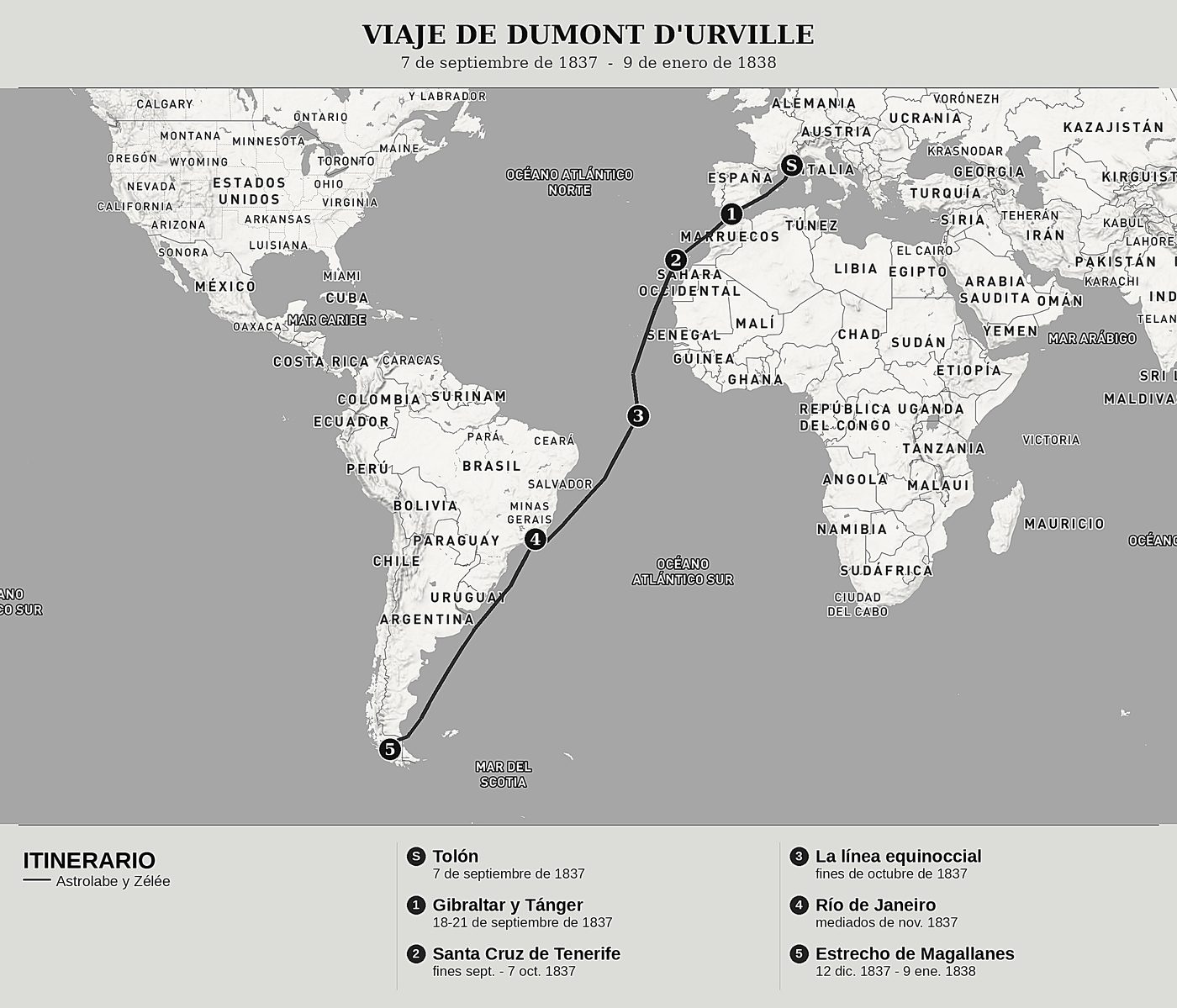 Mapa general de Viaje al Polo Sur y a Oceanía, Tomo I: Tolón, Tenerife, Río de Janeiro y el estrecho de Magallanes de Jules Dumont d'Urville, norte arriba: 7 de septiembre de 1837  -  9 de enero de 1838.